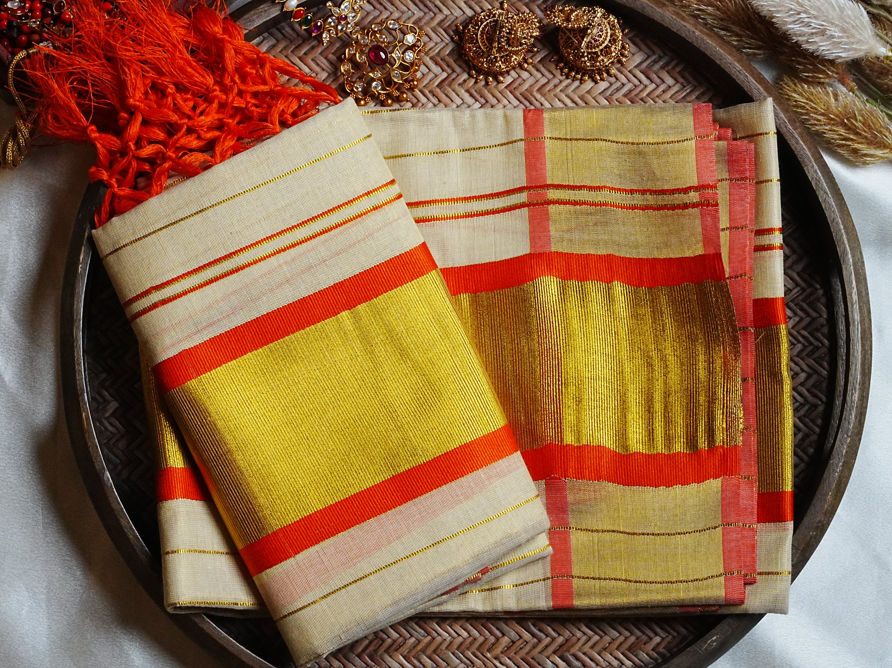 🧡 Fiery Orange & Radiant Kasavu: Premium Tissue Kerala Set Mundu 🍊