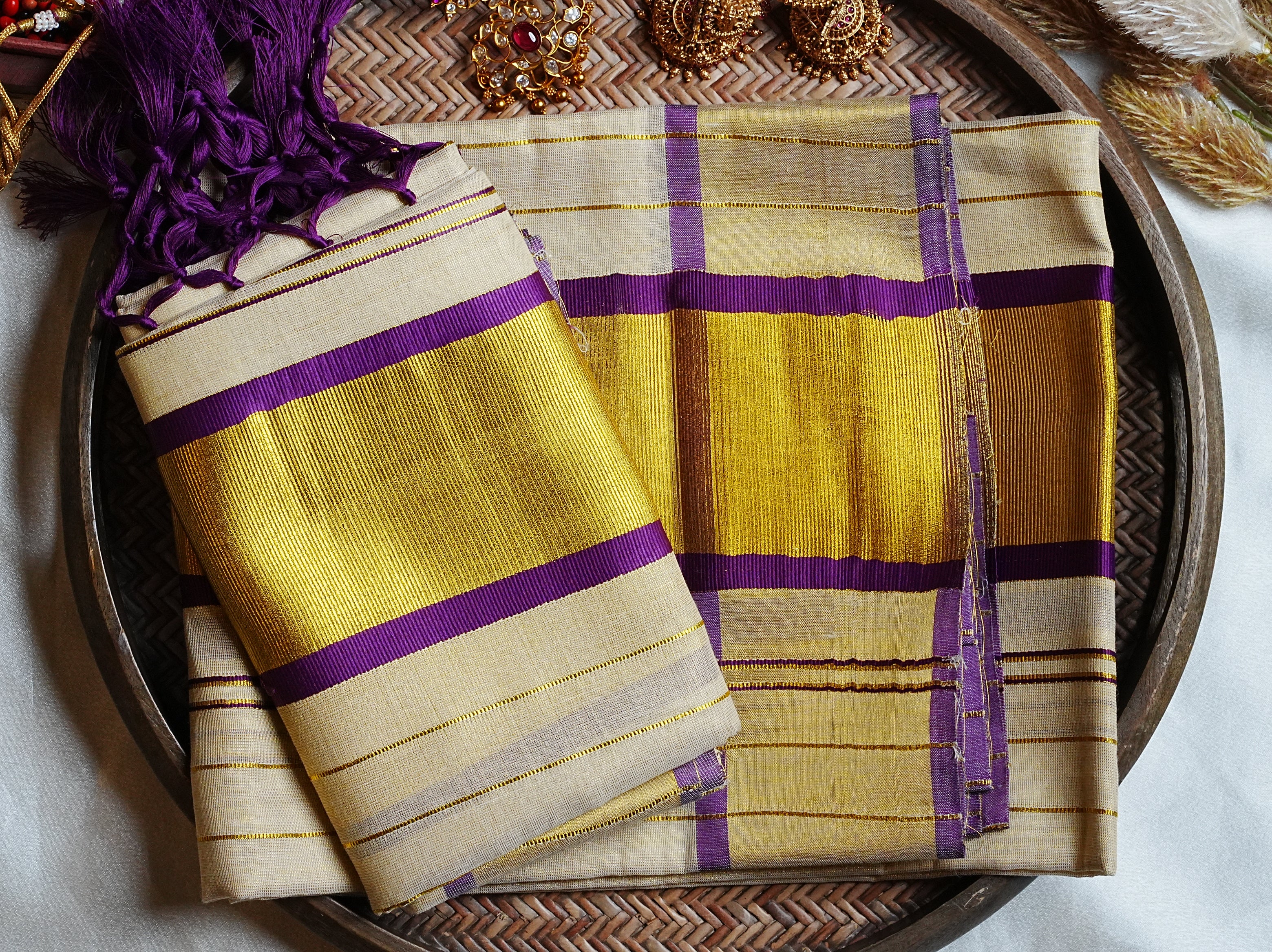 💜 Royal Purple & Radiant Kasavu: Premium Tissue Kerala Set Mundu 🌟