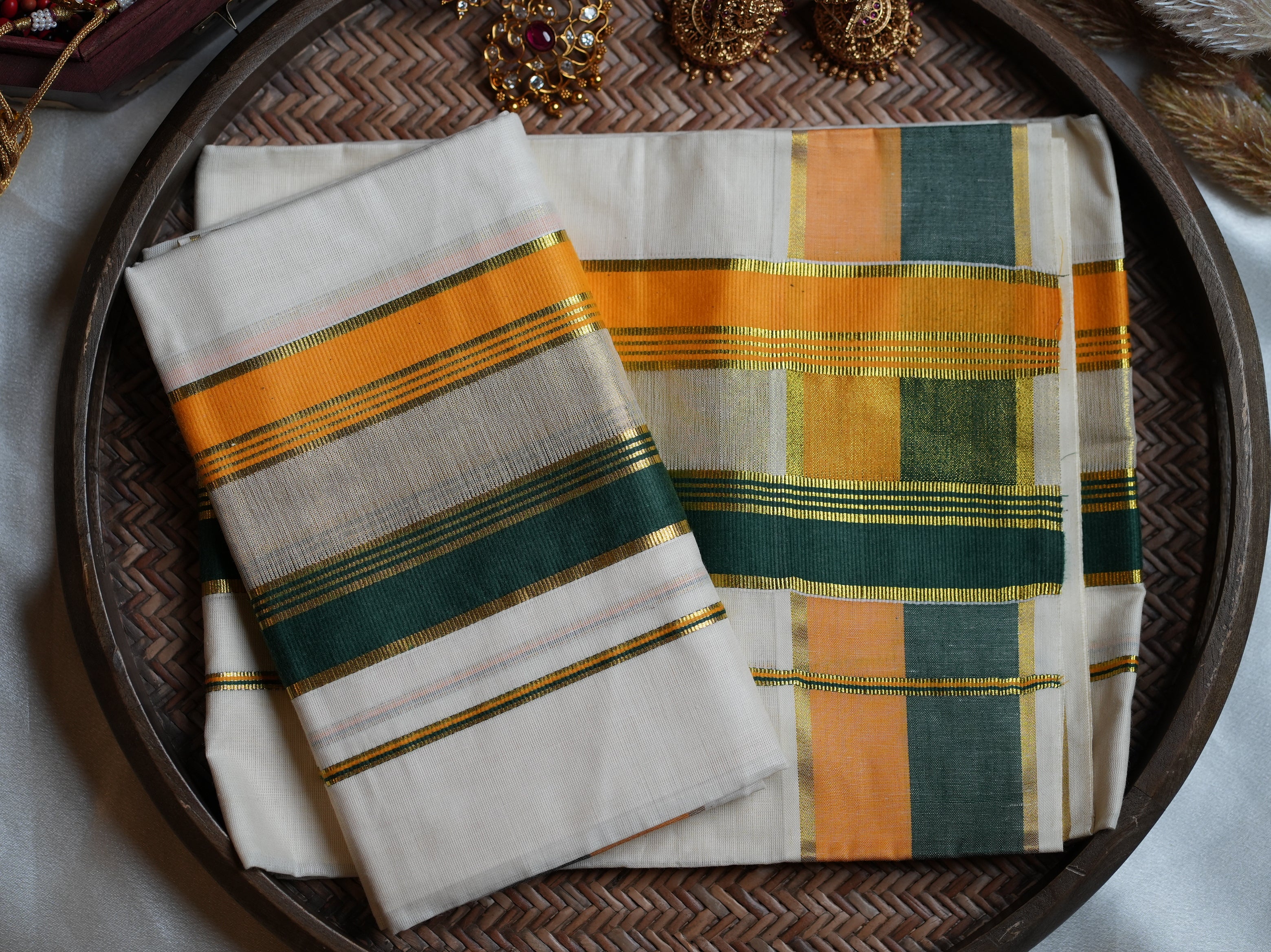 🌴 Bottle Green, Mustard & Kasavu Border Cotton Kerala Single Set Mundu ✨