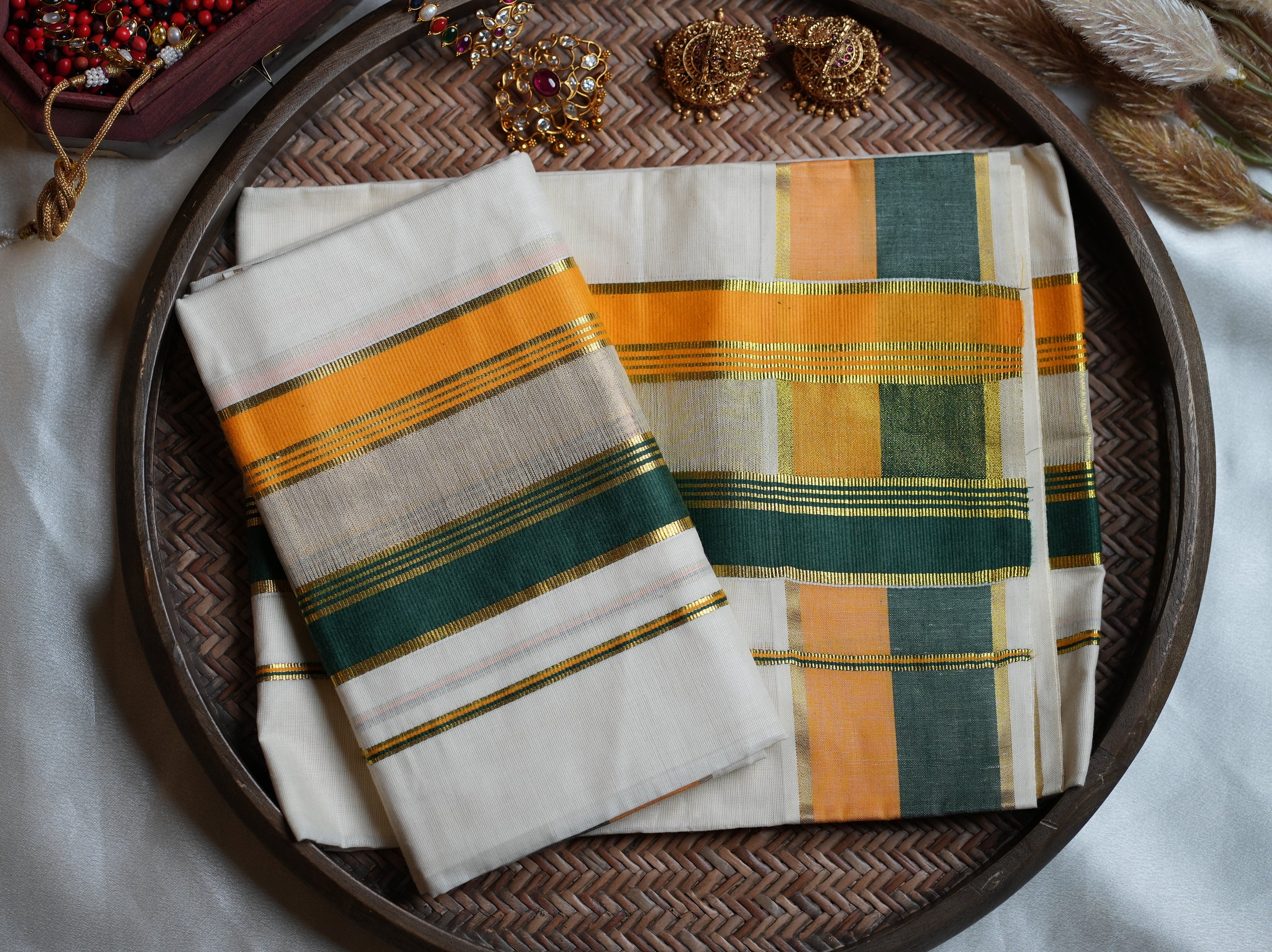 🌴 Bottle Green, Mustard & Kasavu Border Cotton Kerala Single Set Mundu ✨