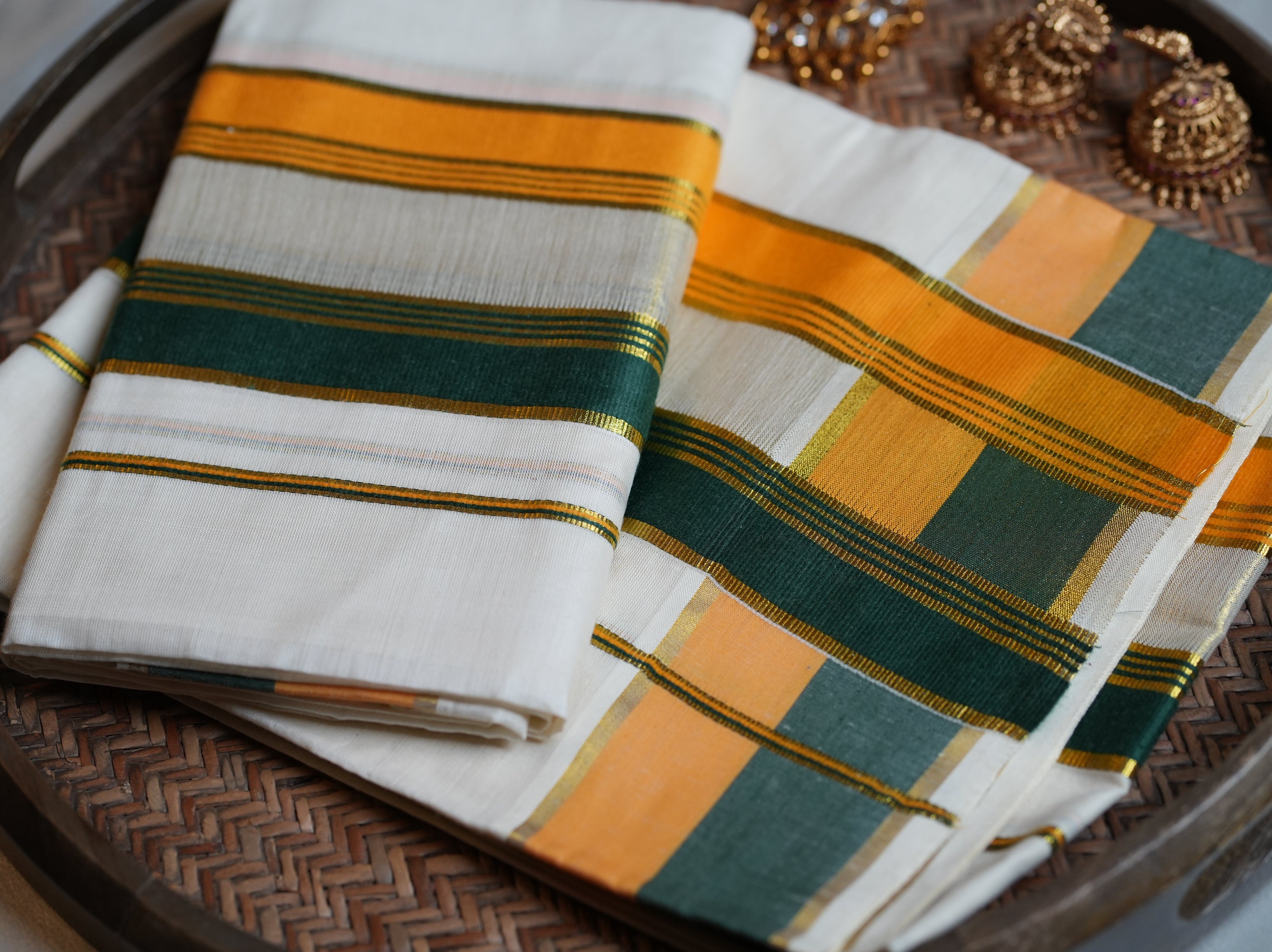 🌴 Bottle Green, Mustard & Kasavu Border Cotton Kerala Single Set Mundu ✨