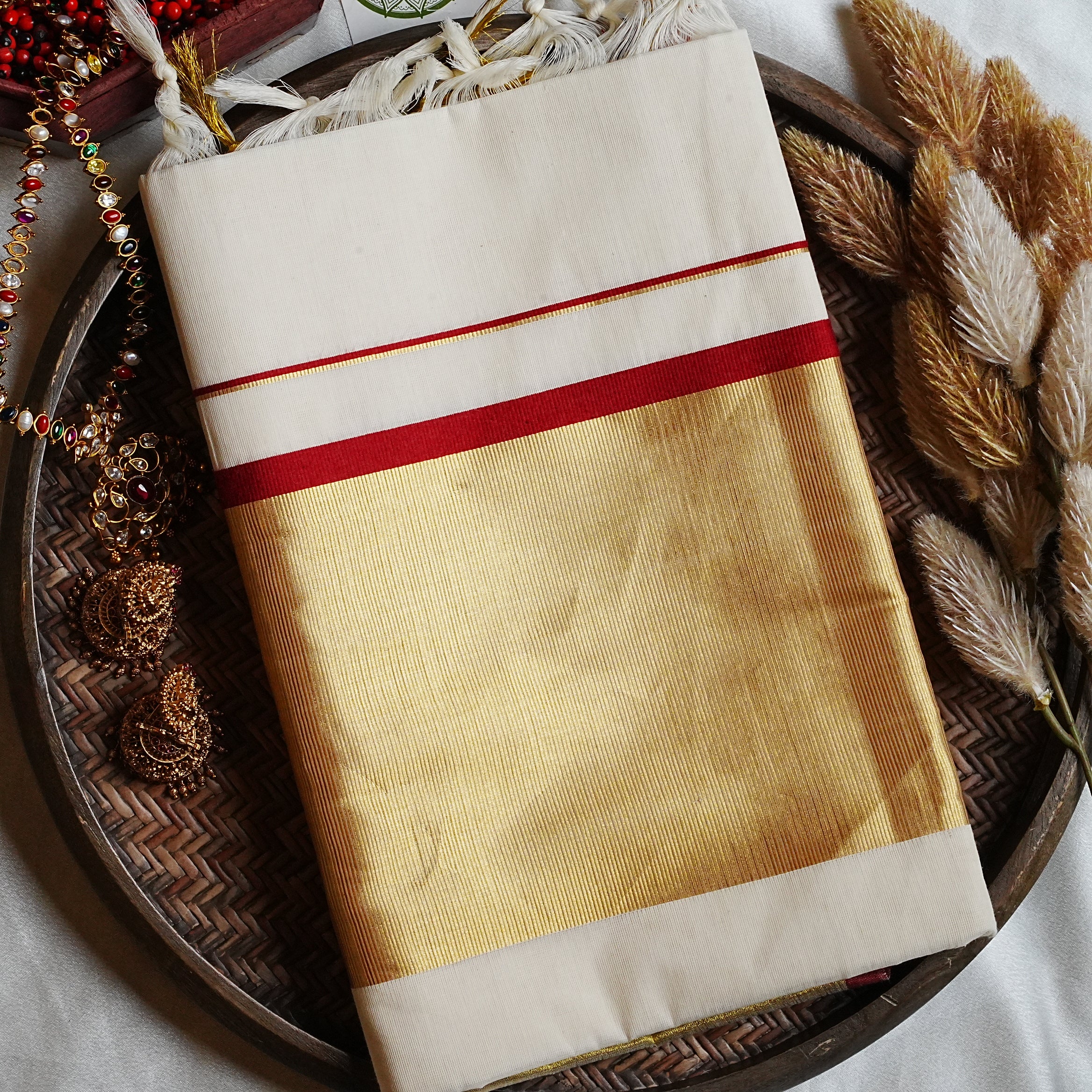 ❤️ Traditional Festive Crimson & Gold: Classic 7-Inch Kasavu Premium Cotton Kerala Saree ✨