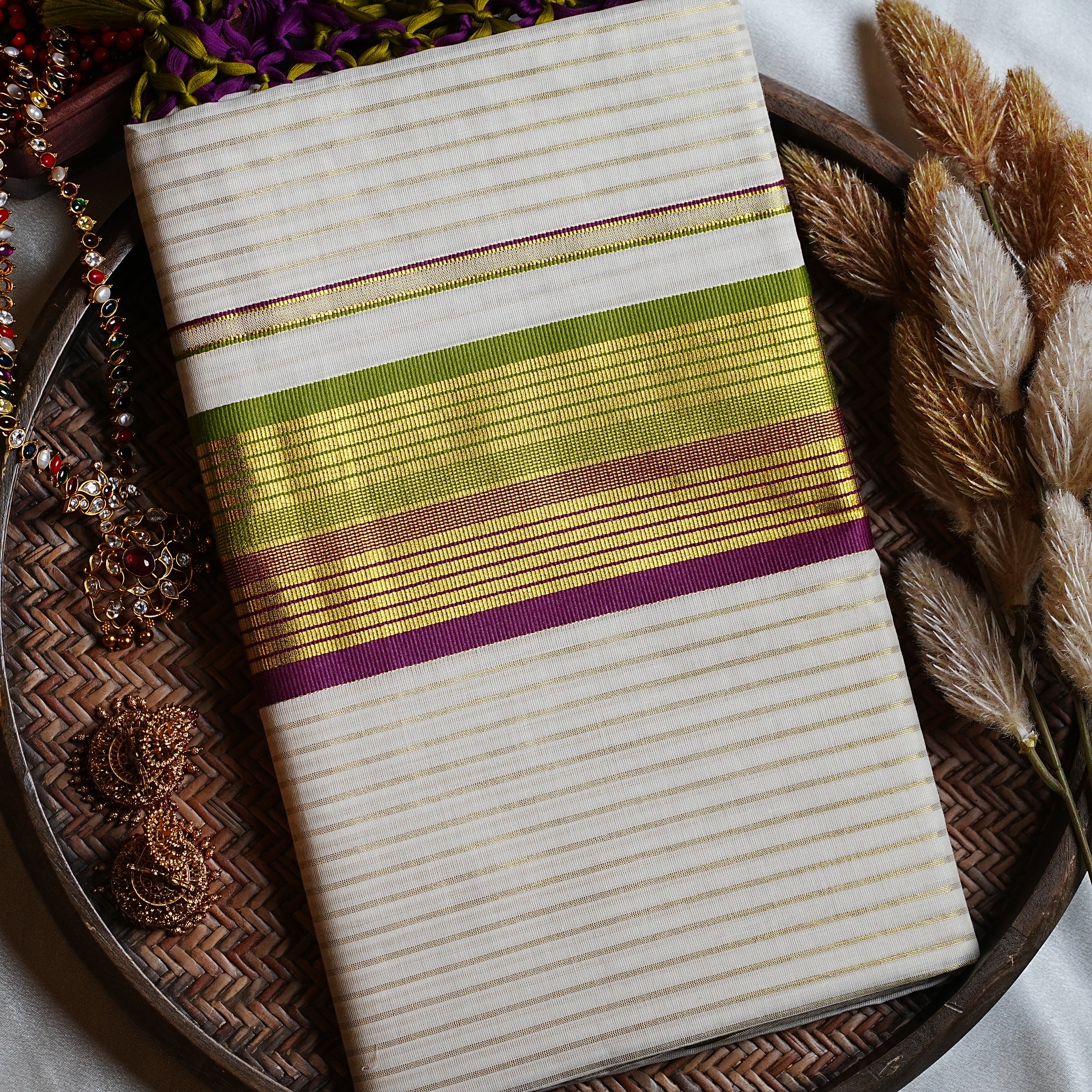 💜 Olive & Plum Kasavu Stripes Cotton Kerala Saree ✨