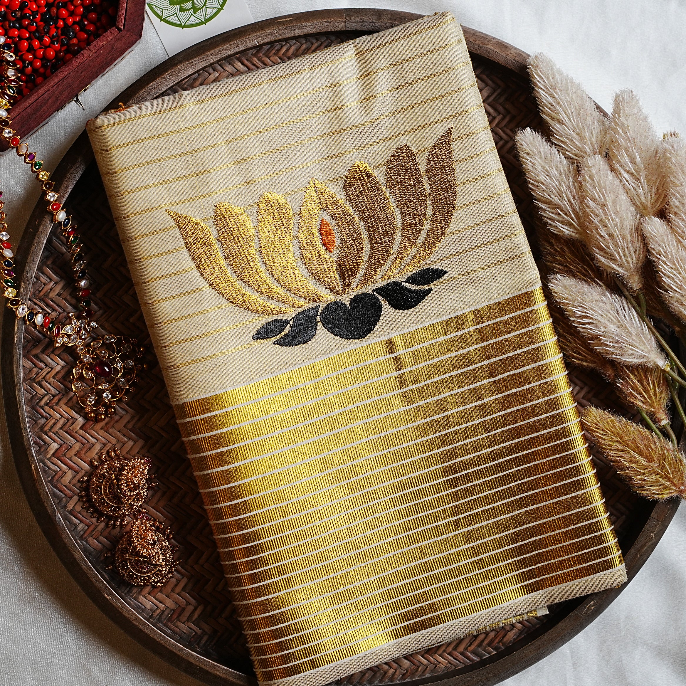 🪷 Golden Lotus Embroidery & Fine Zari: Premium Tissue Kerala Saree ✨