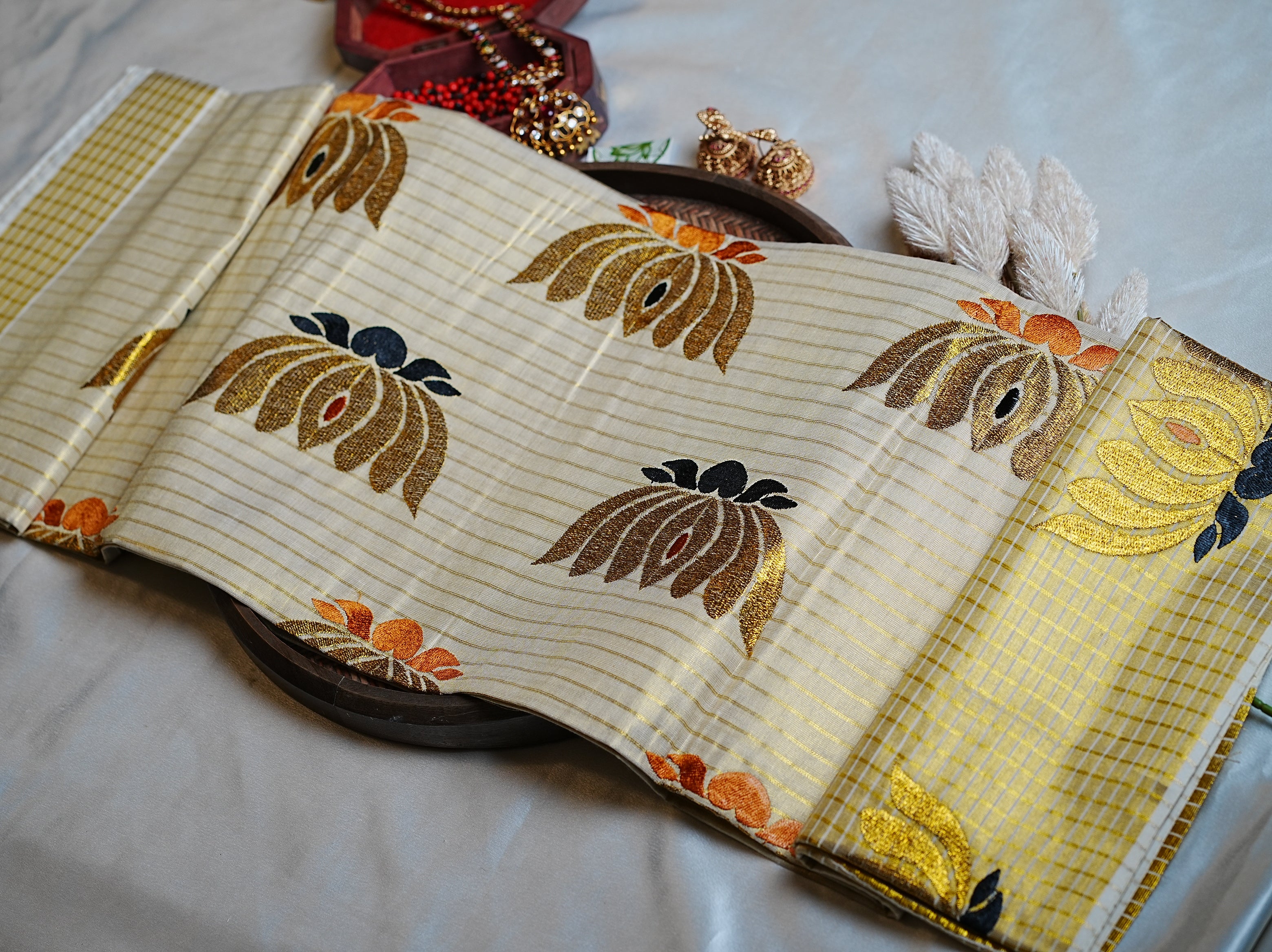 🪷 Golden Lotus Embroidery & Fine Zari: Premium Tissue Kerala Saree ✨