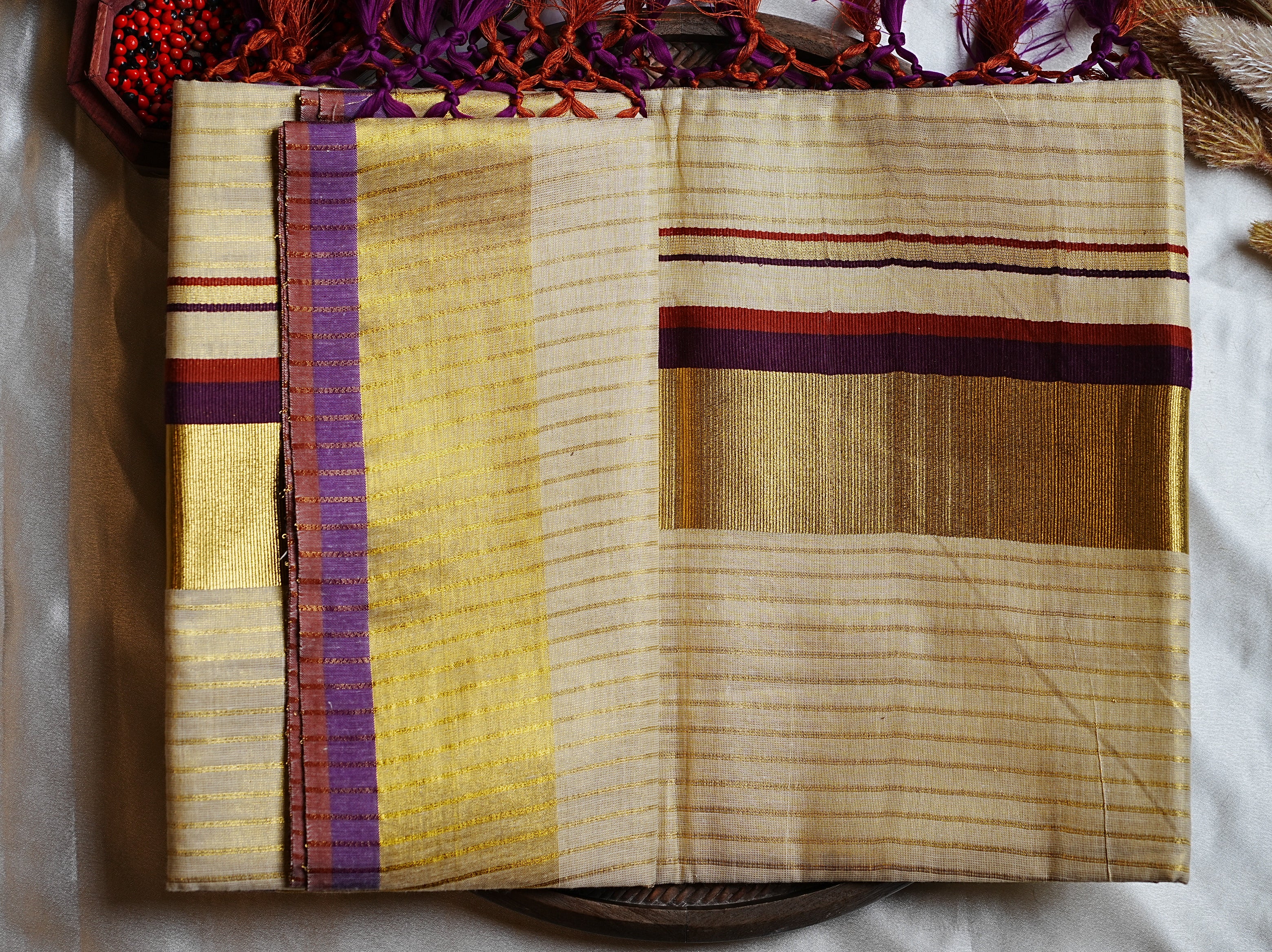 🍇 Wine, Rust & Gold Horizontal Striped Border: Premium Tissue Kerala Saree ✨