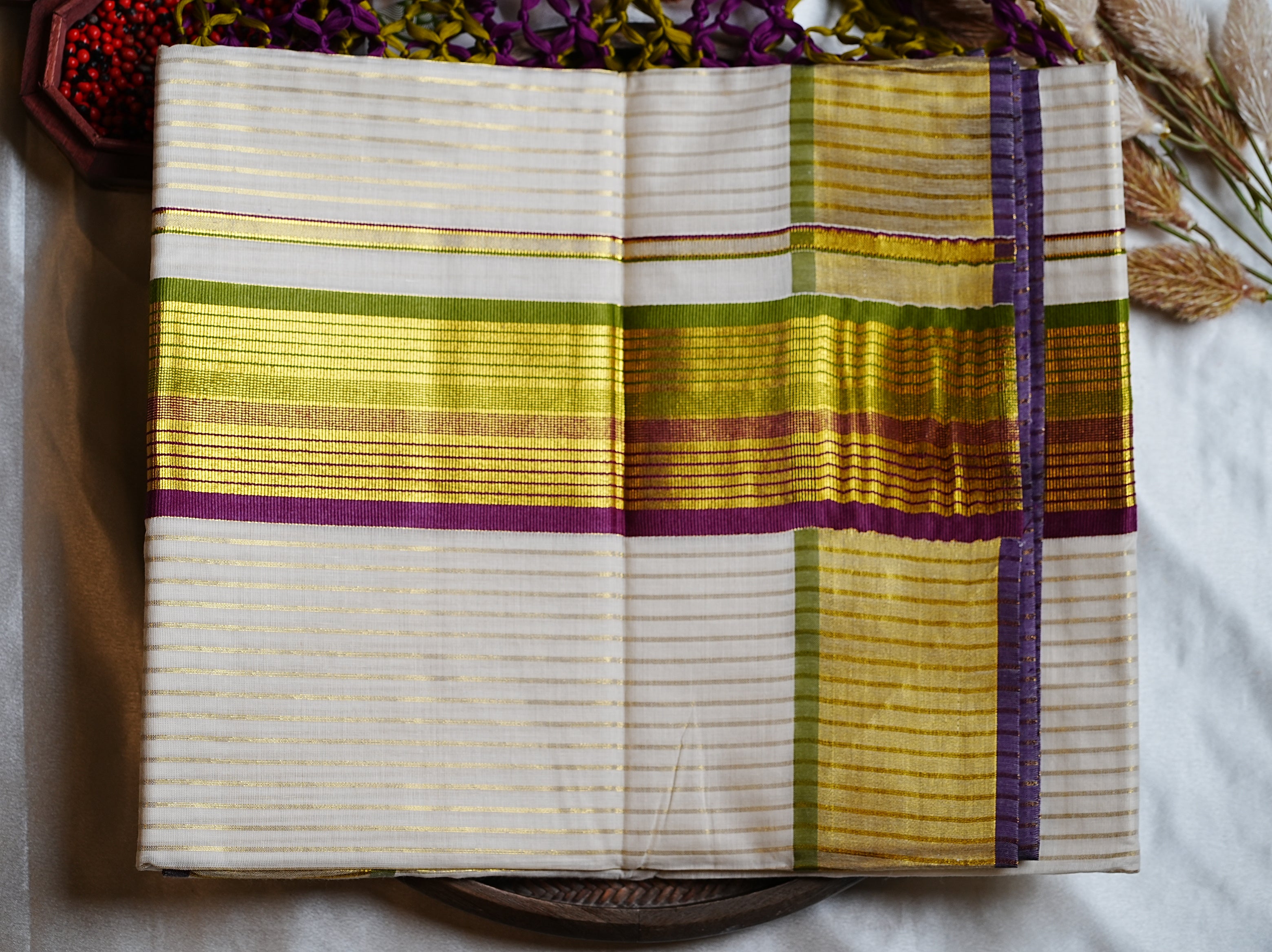 💜 Olive & Plum Kasavu Stripes Cotton Kerala Saree ✨