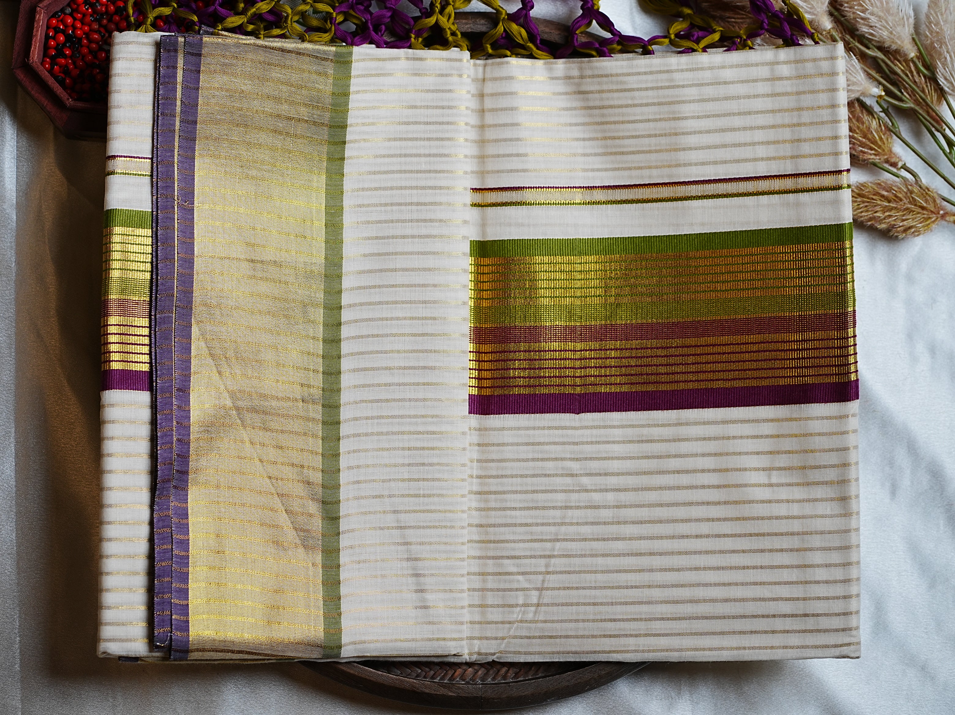 💜 Olive & Plum Kasavu Stripes Cotton Kerala Saree ✨