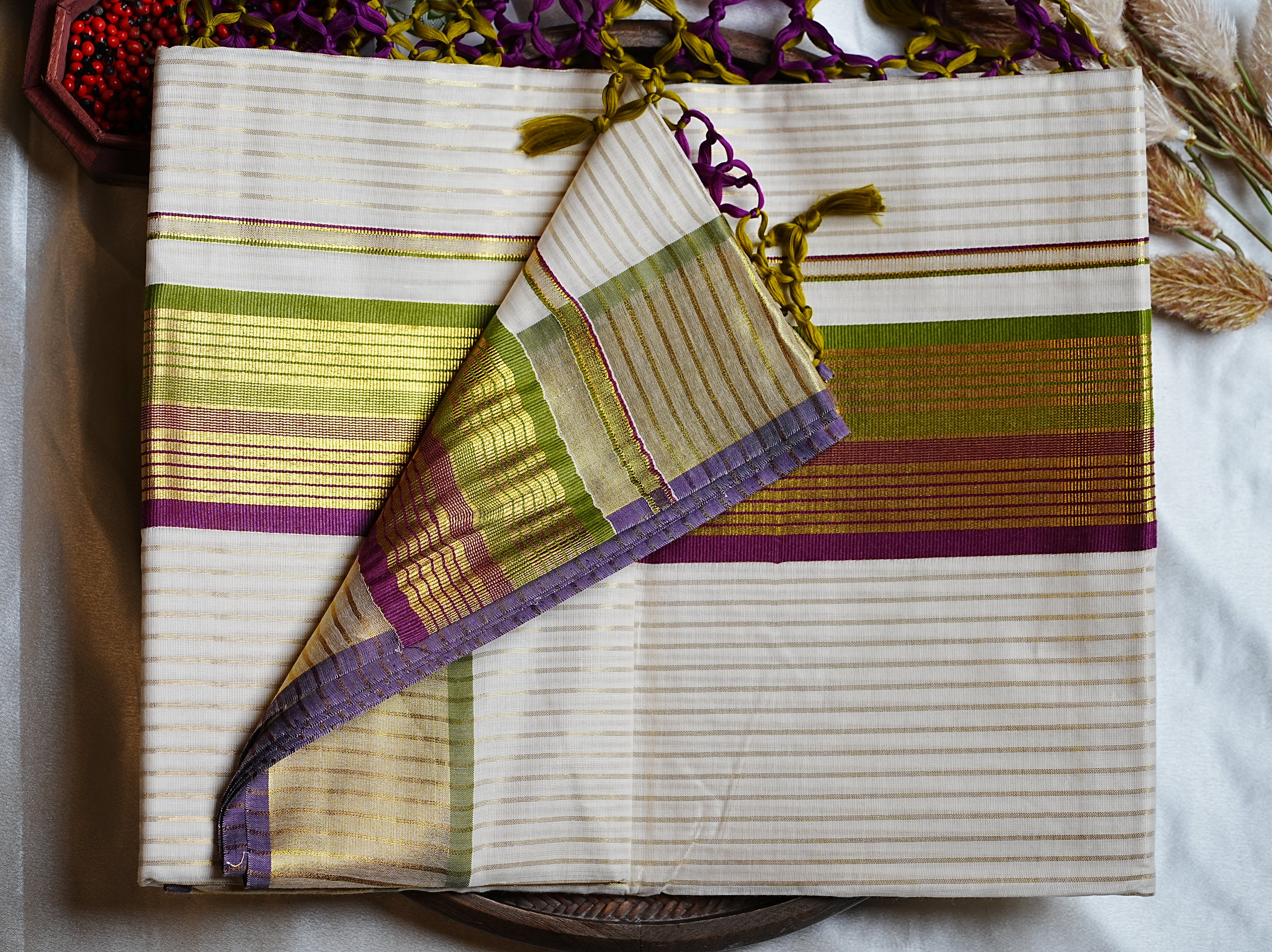 💜 Olive & Plum Kasavu Stripes Cotton Kerala Saree ✨