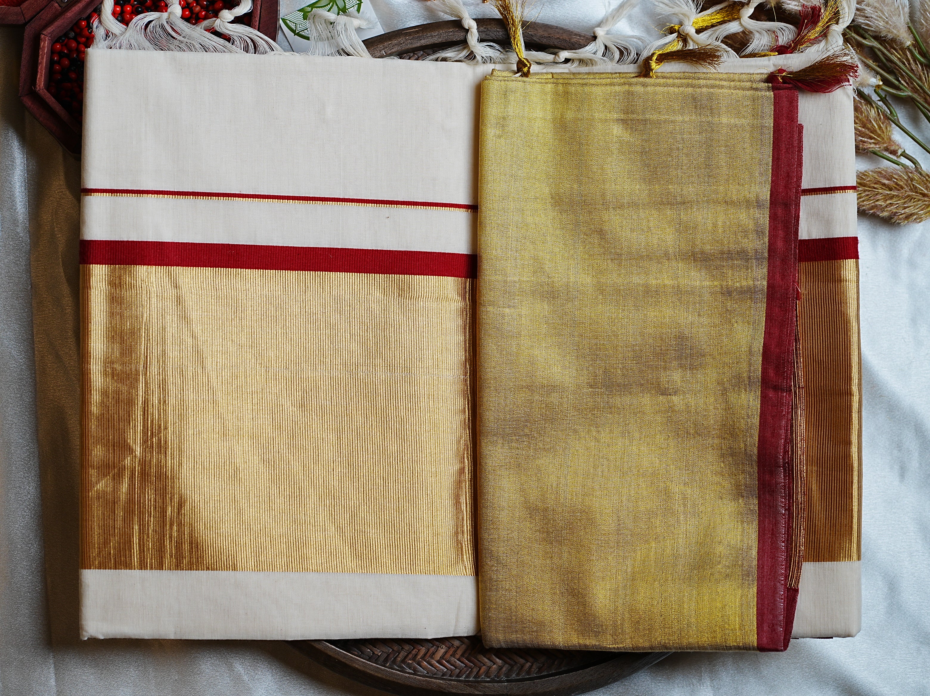 ❤️ Traditional Festive Crimson & Gold: Classic 7-Inch Kasavu Premium Cotton Kerala Saree ✨