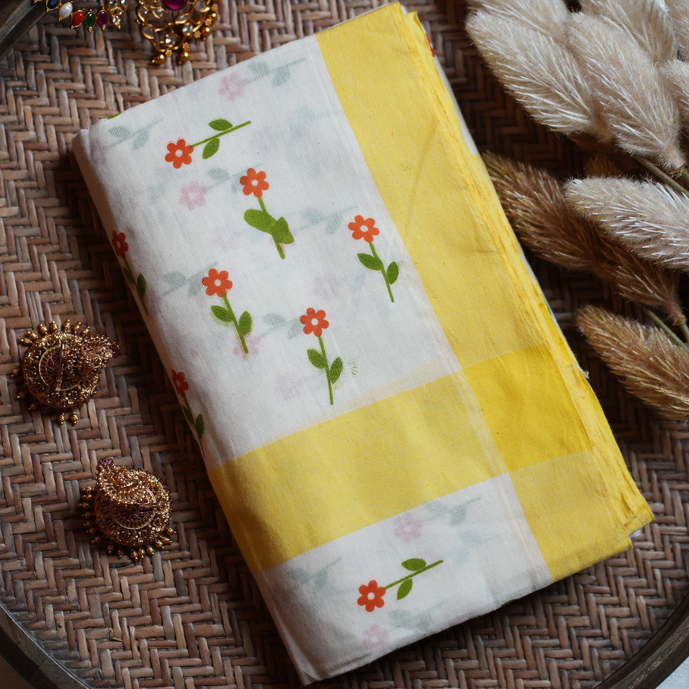 🌼 Sunlit Yellow & Floral Block Prints Cotton Single Set Mundu ☀️