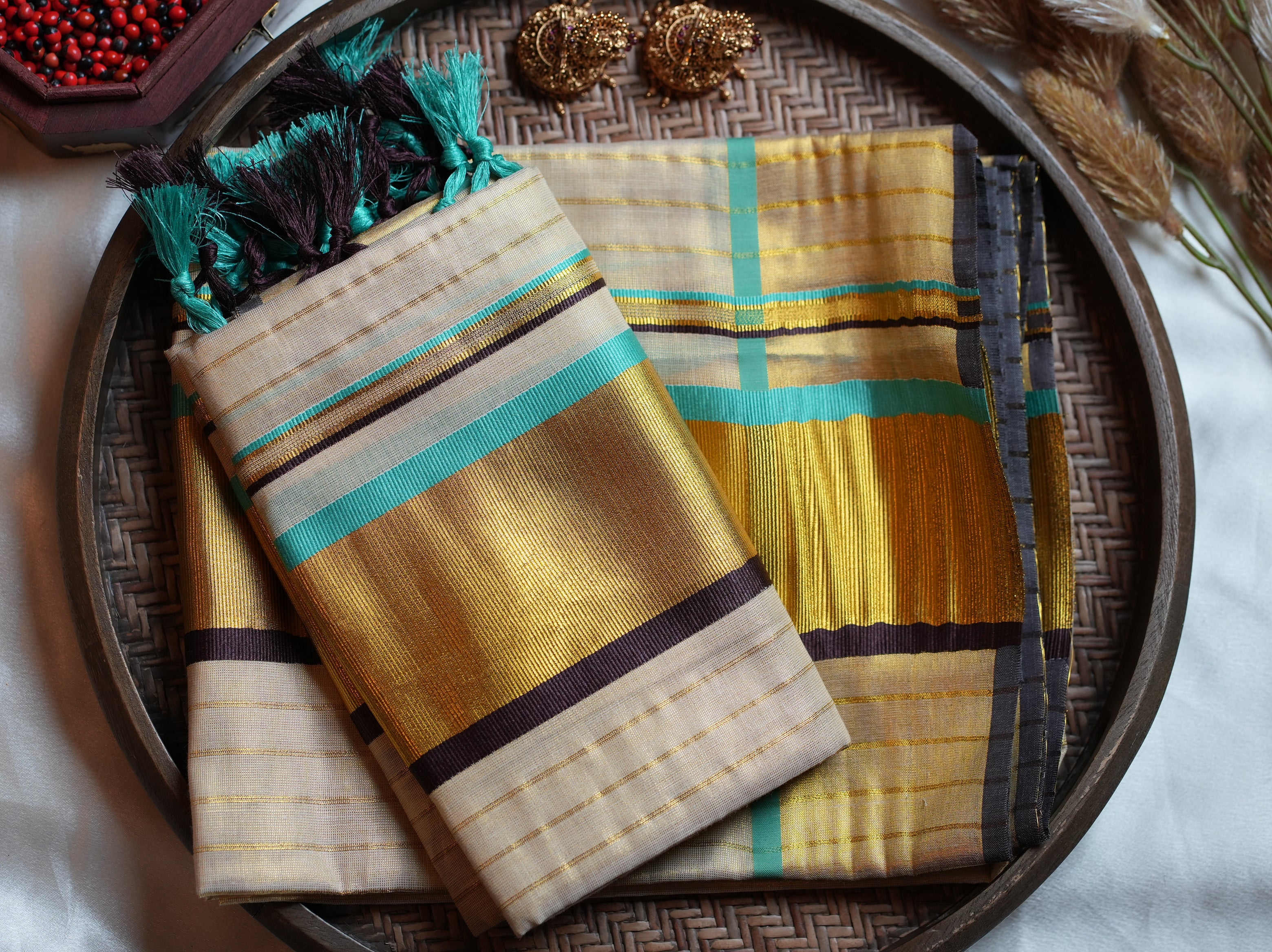 🌟 Peacock Blue, Deep Coffee & Grand Kasavu: Premium Tissue Kerala Set Mundu 🦚