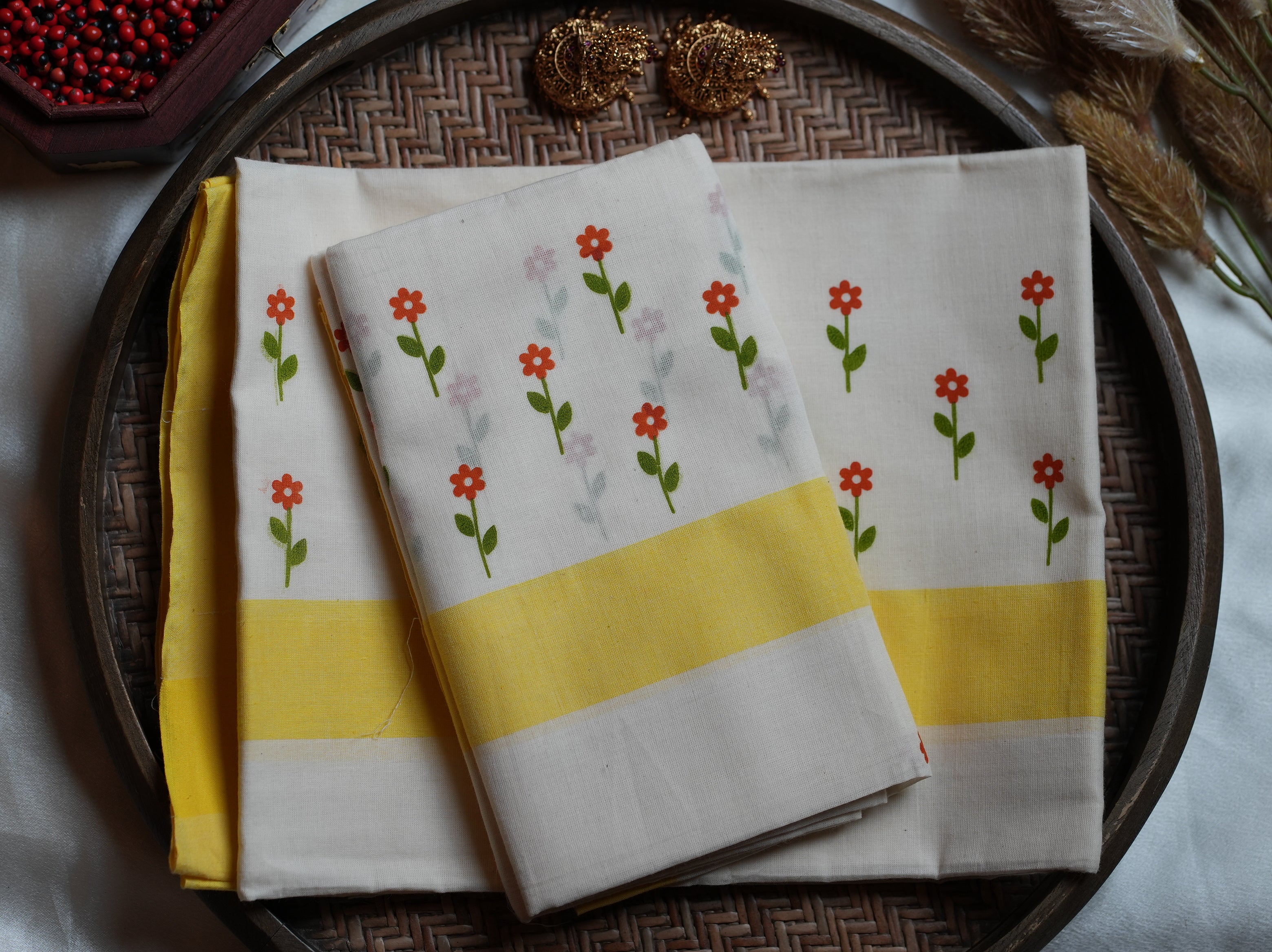 🌼 Sunlit Yellow & Floral Block Prints Cotton Single Set Mundu ☀️