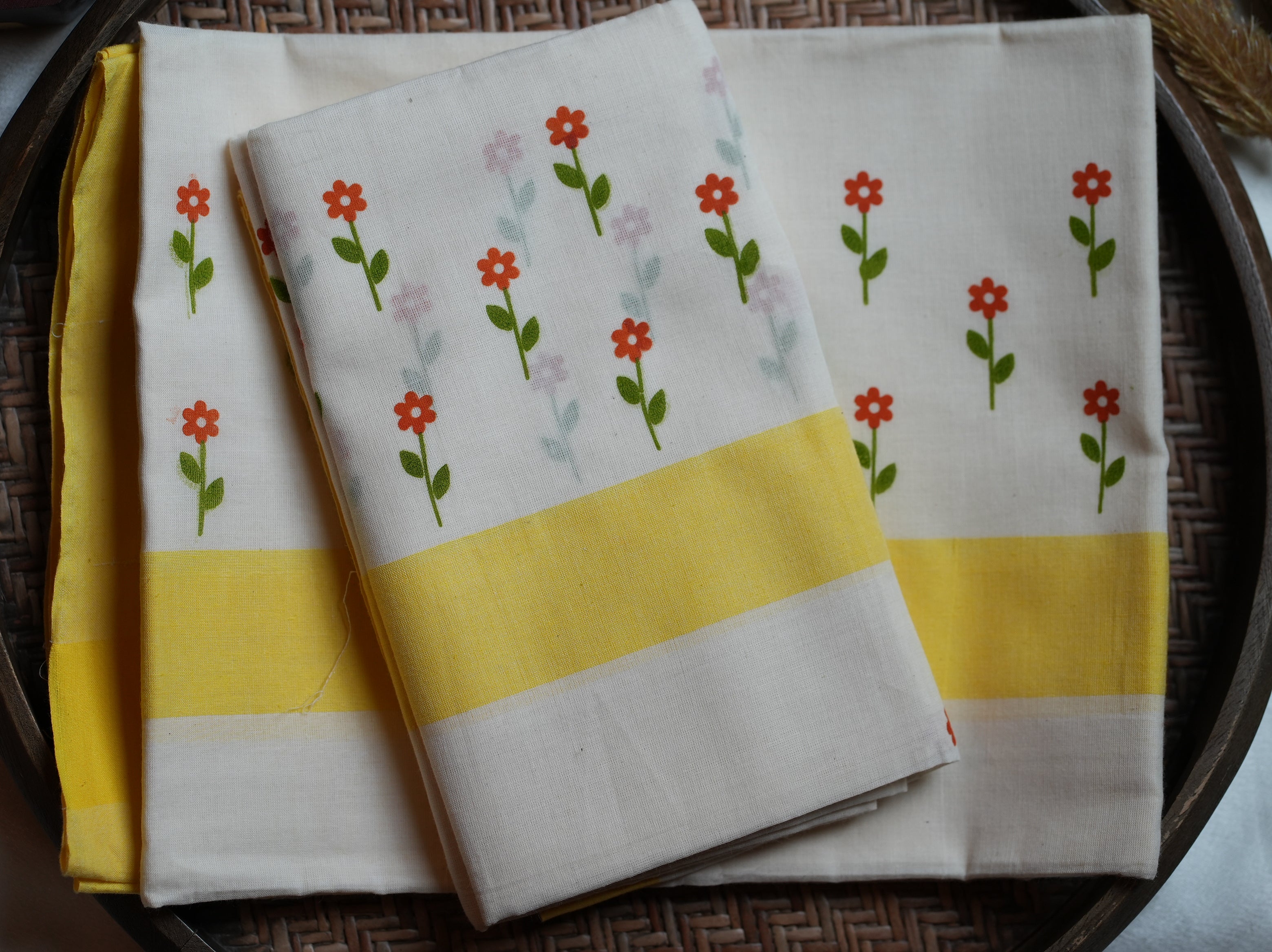 🌼 Sunlit Yellow & Floral Block Prints Cotton Single Set Mundu ☀️