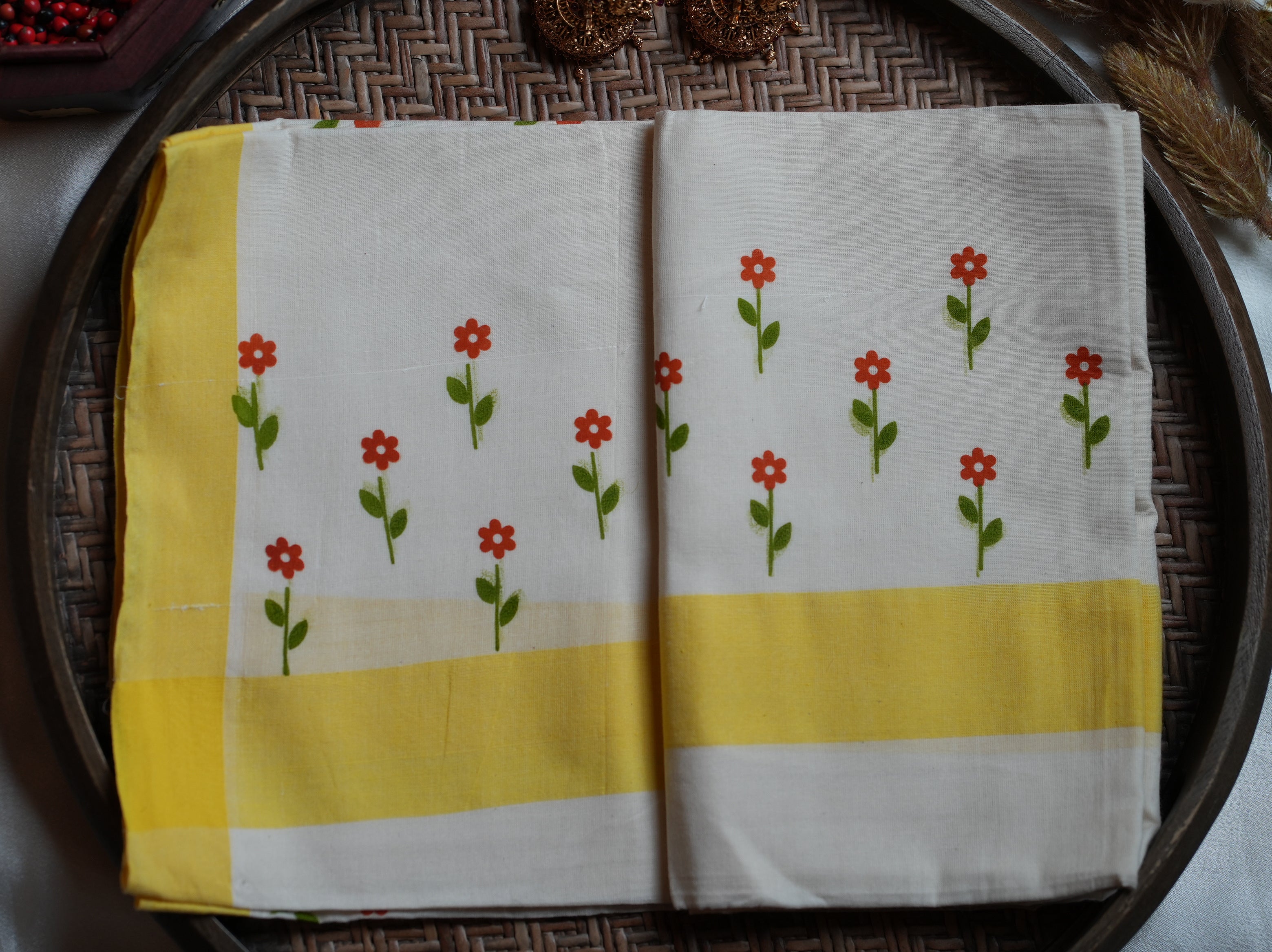 🌼 Sunlit Yellow & Floral Block Prints Cotton Single Set Mundu ☀️