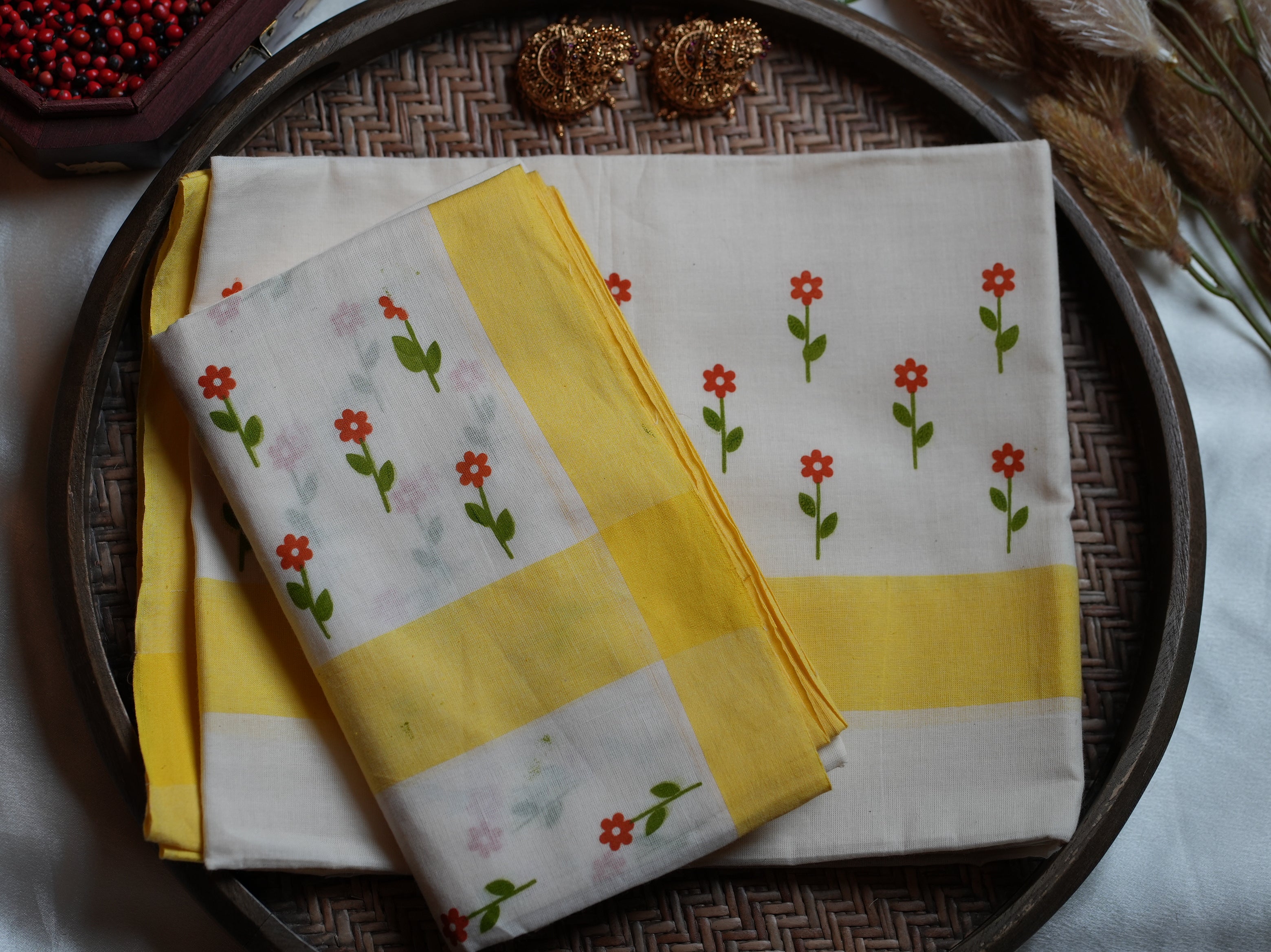 🌼 Sunlit Yellow & Floral Block Prints Cotton Single Set Mundu ☀️