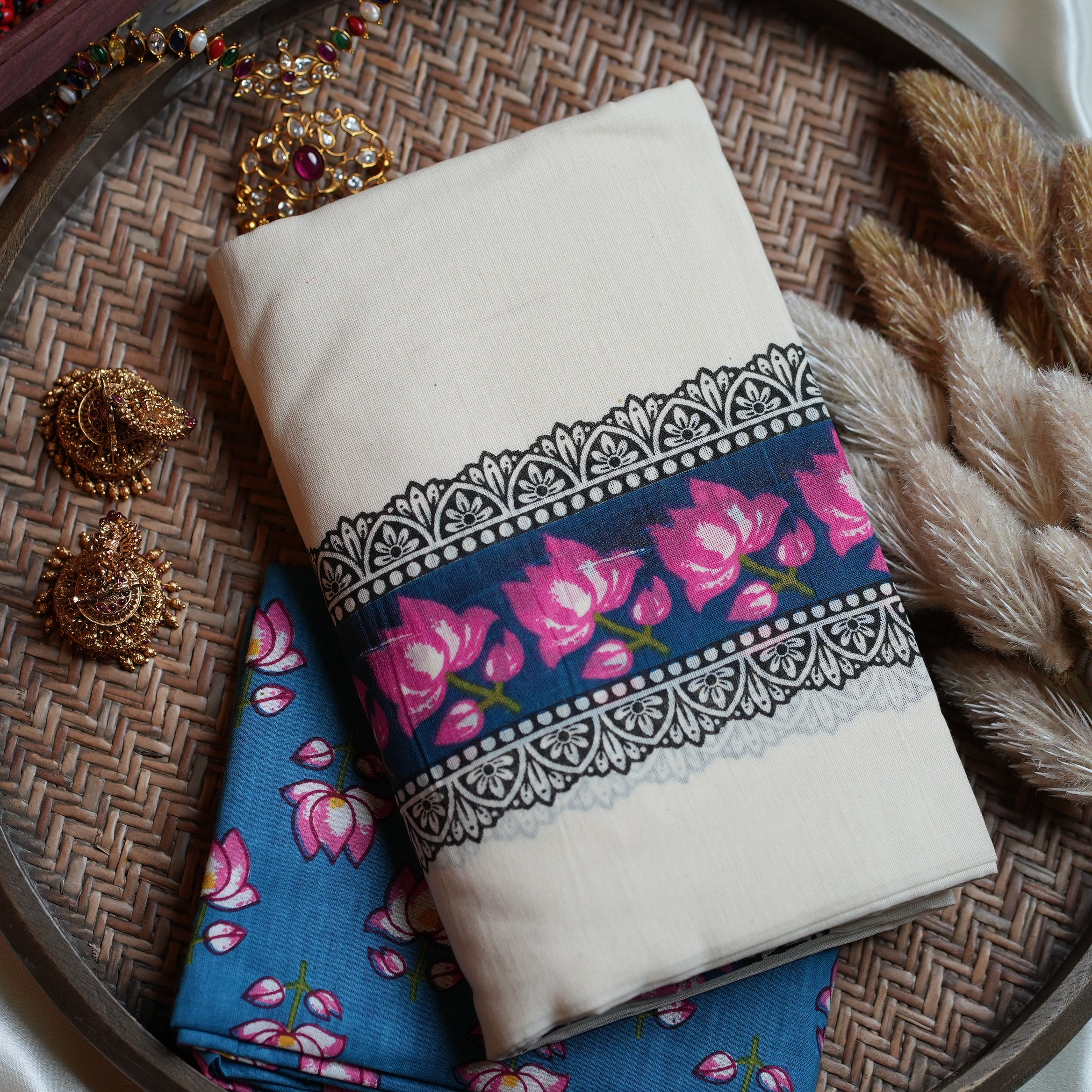 🪷 Indigo Lotus Block-Print: Premium Cotton Single Set Mundu with Matching Blouse ✨