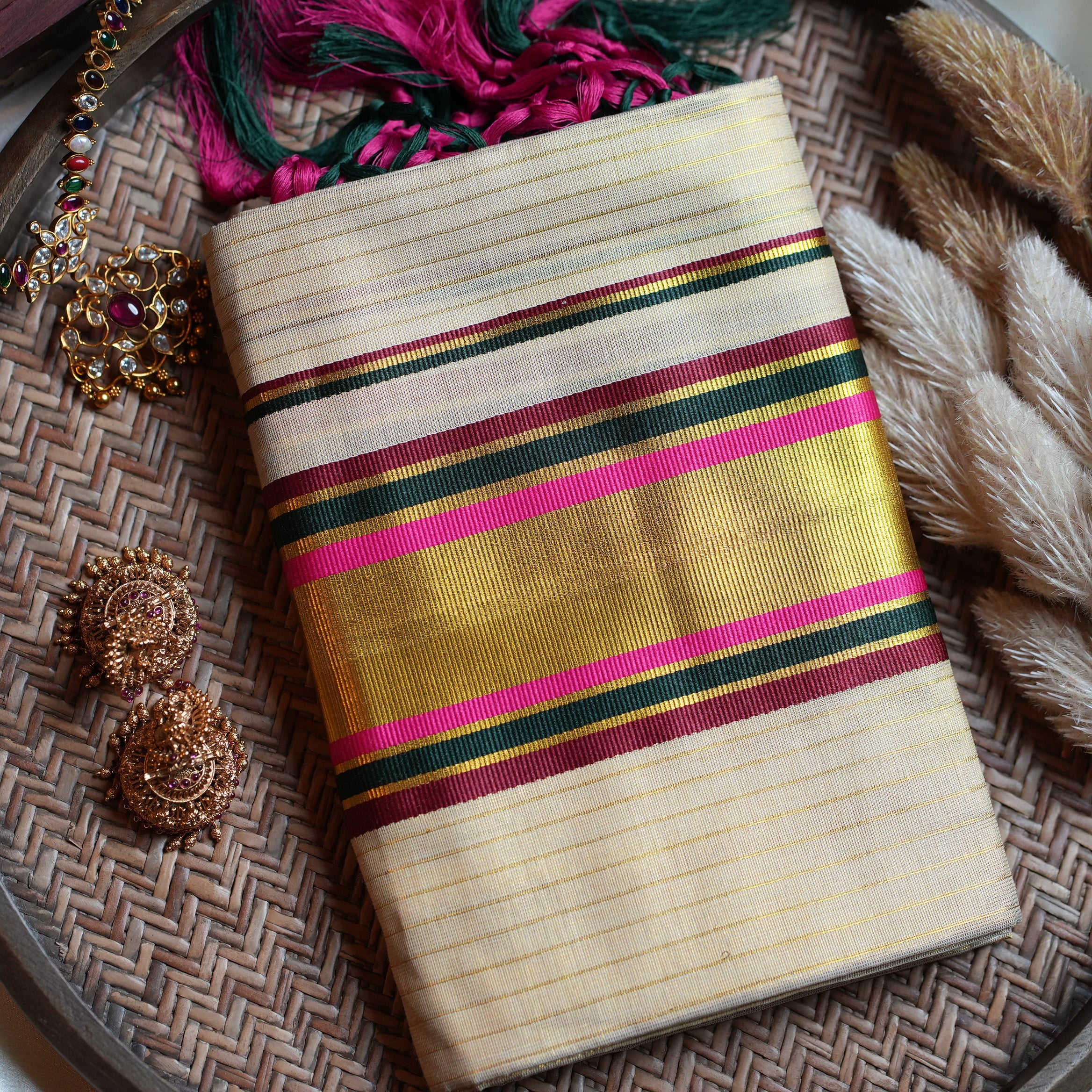🌟 Shimmering Festive Tissue Set Mundu with Multi-Color Borders ✨