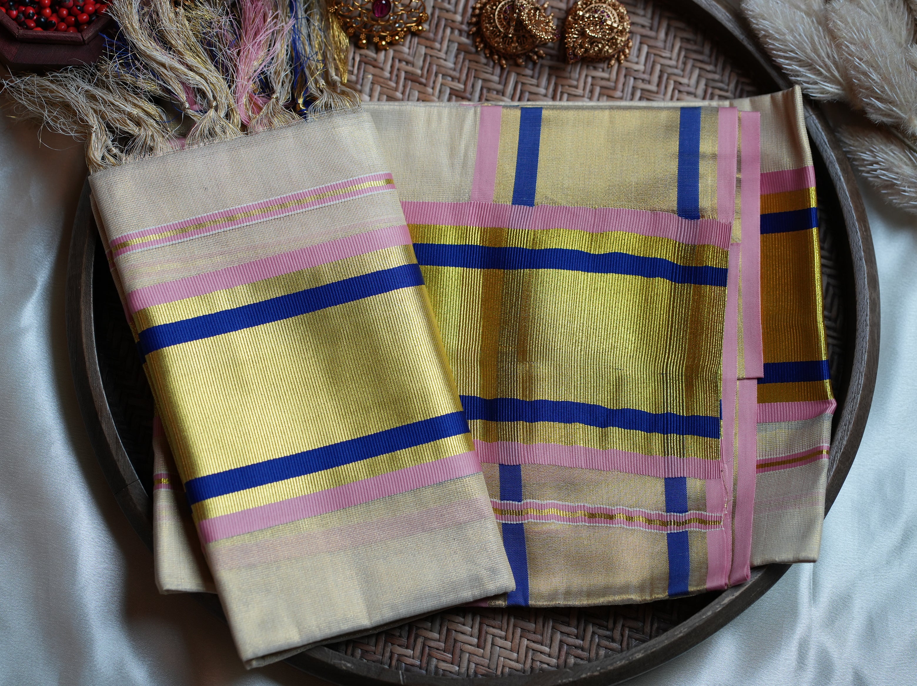 🌸 Shimmering Rose & Royal Blue Tissue Set Mundu with Matching Blouse Piece ✨