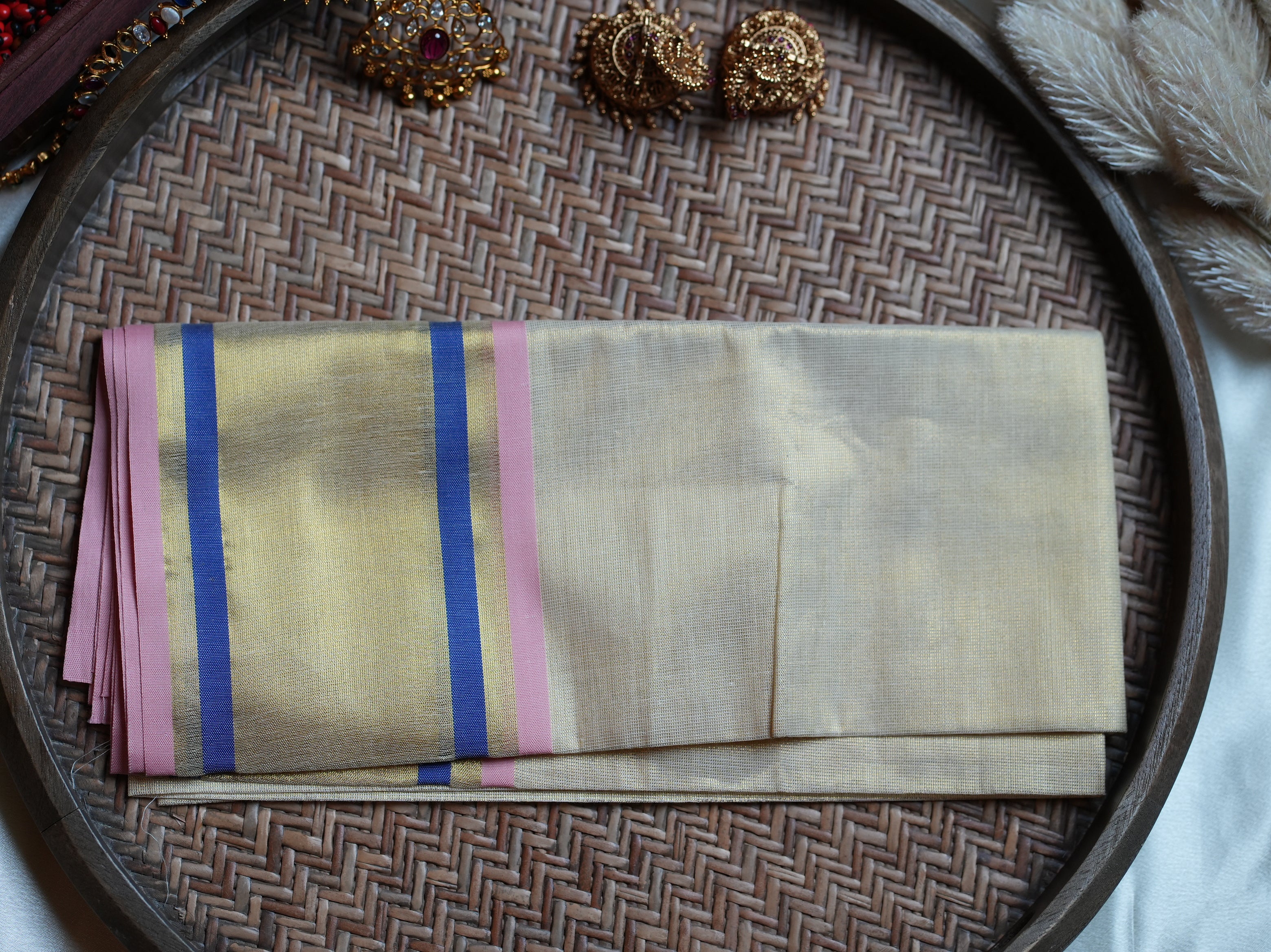 🌸 Shimmering Rose & Royal Blue Tissue Set Mundu with Matching Blouse Piece ✨