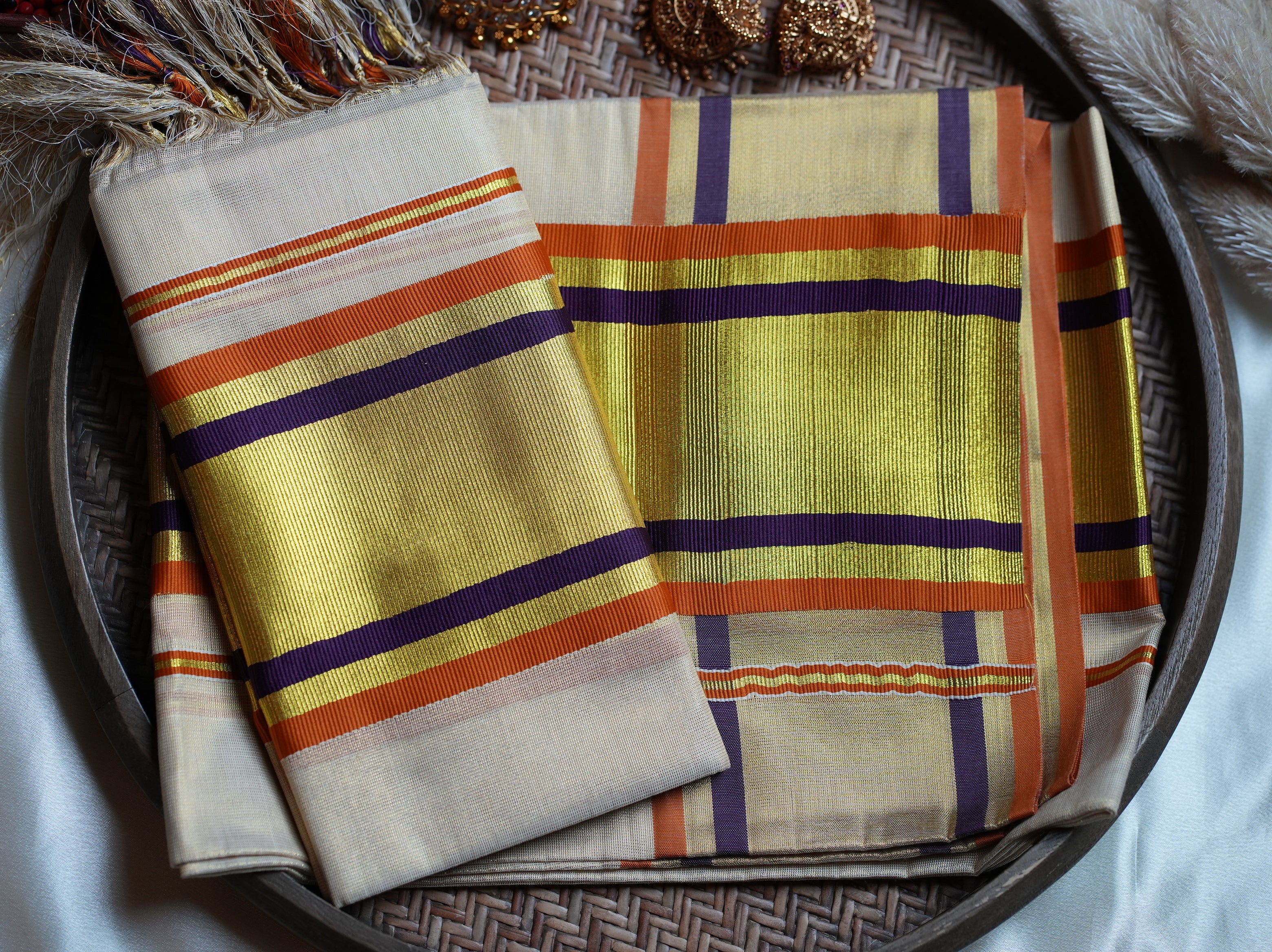🌅 Shimmering Ochre & Violet Tissue Set Mundu with Matching Blouse Piece ✨