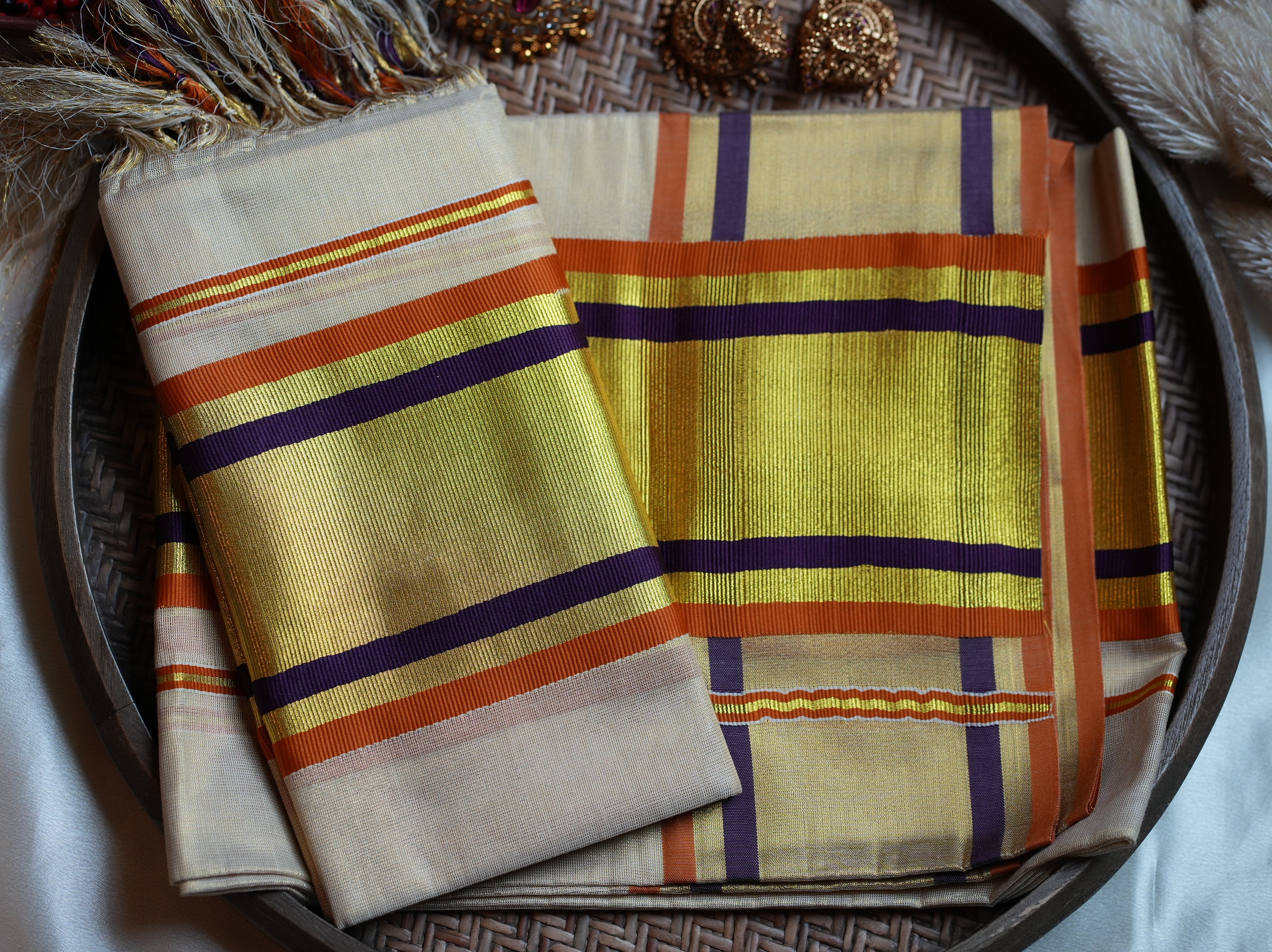 🌅 Shimmering Ochre & Violet Tissue Set Mundu with Matching Blouse Piece ✨