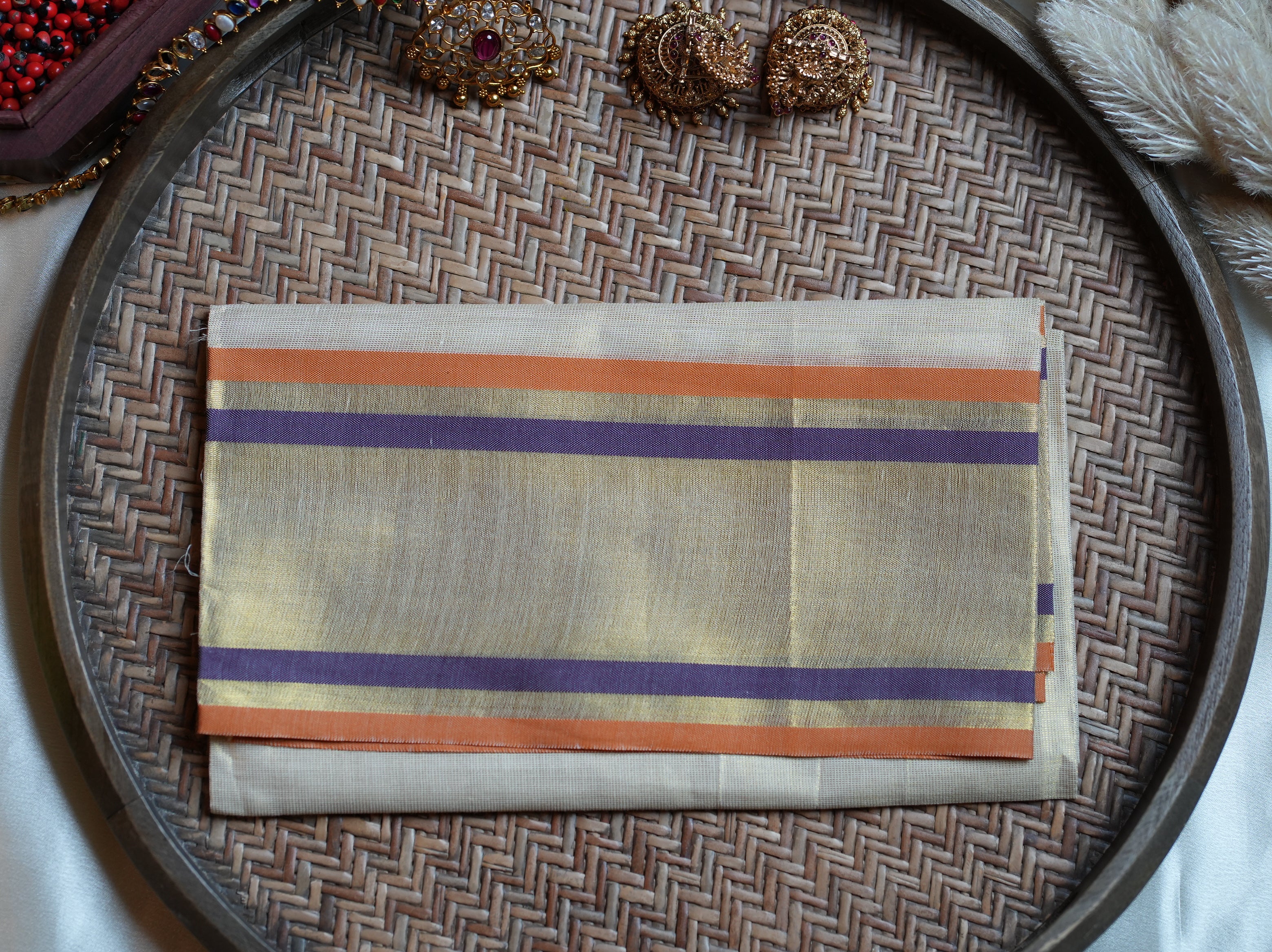 🌅 Shimmering Ochre & Violet Tissue Set Mundu with Matching Blouse Piece ✨