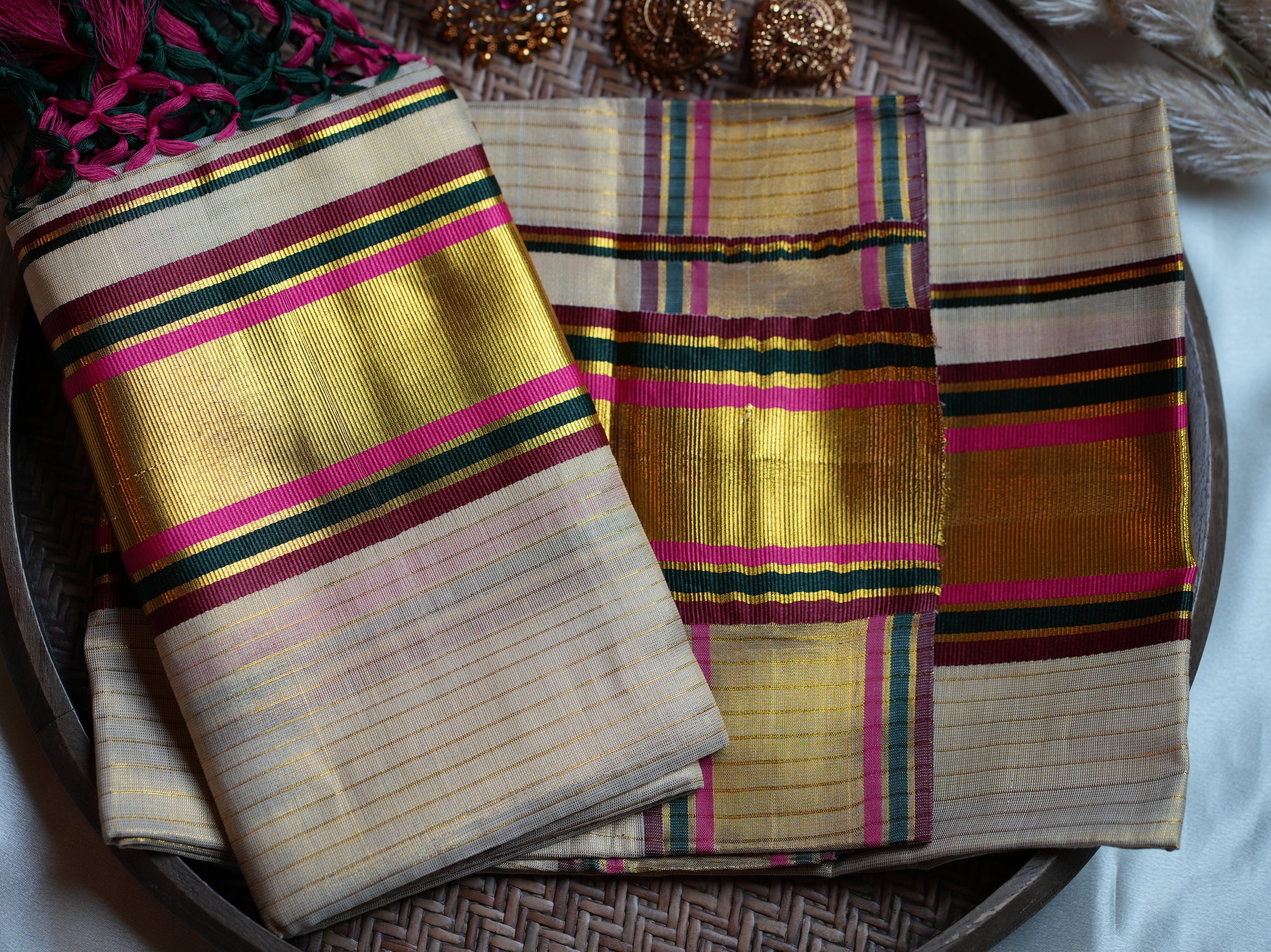 🌟 Shimmering Festive Tissue Set Mundu with Multi-Color Borders ✨