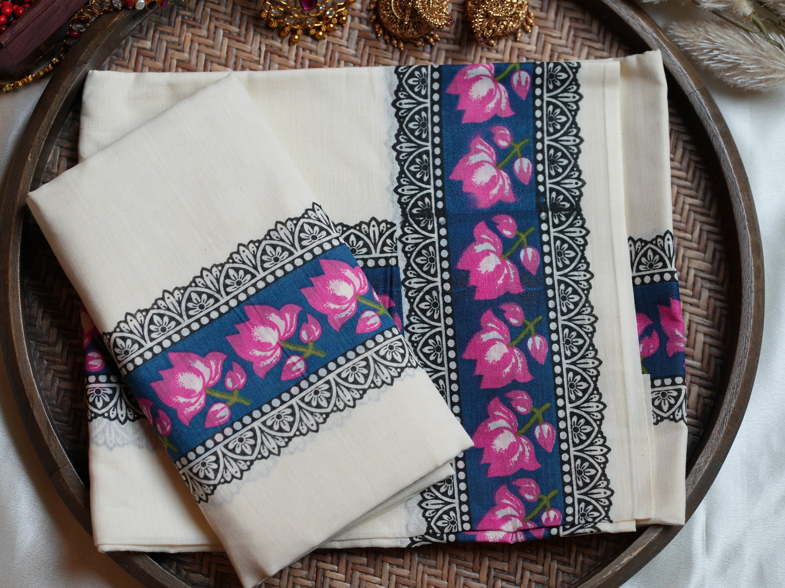 🪷 Indigo Lotus Block-Print: Premium Cotton Single Set Mundu with Matching Blouse ✨