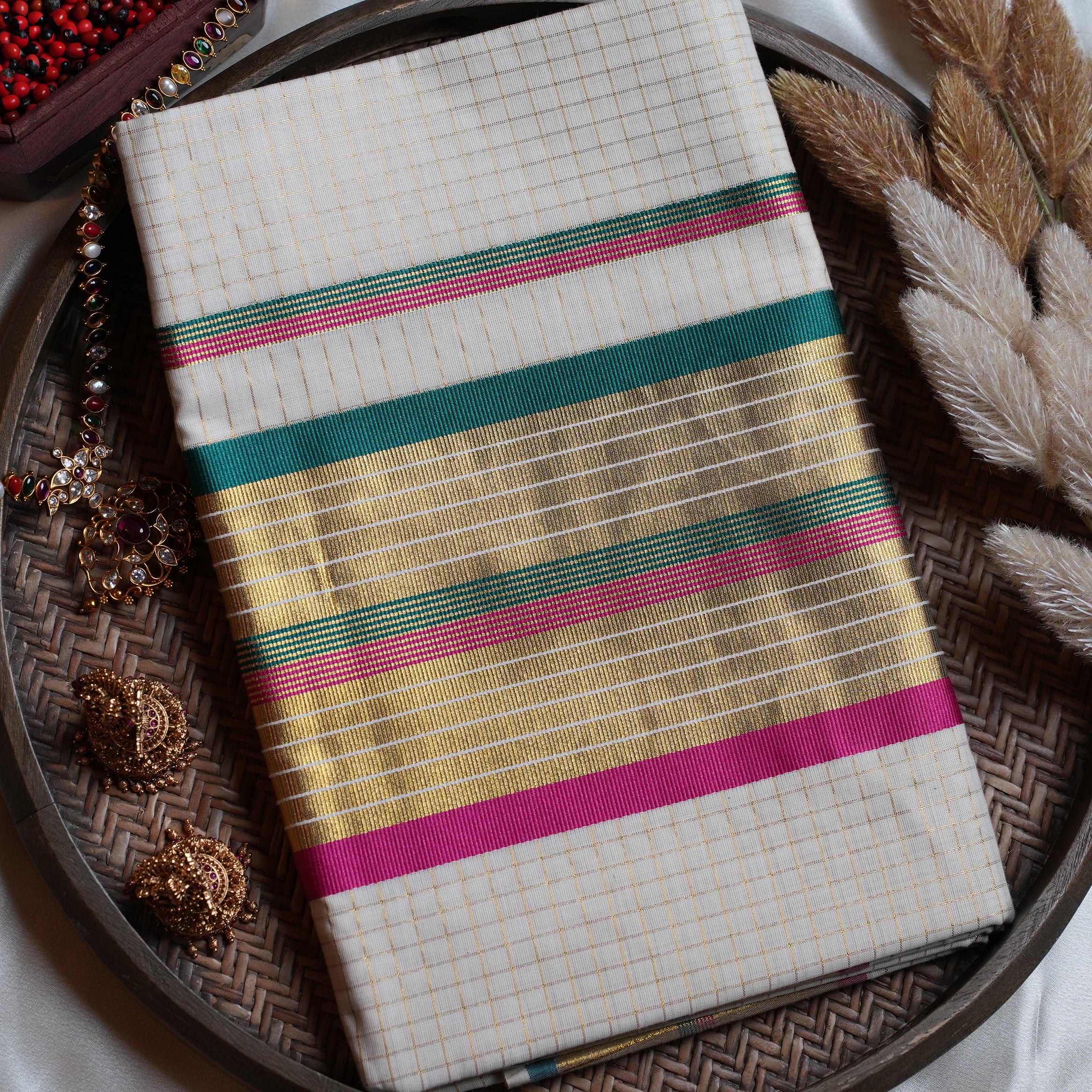 🦚 Classic Golden Check Teal & Magenta Cotton Kerala Saree with Running Blouse ✨