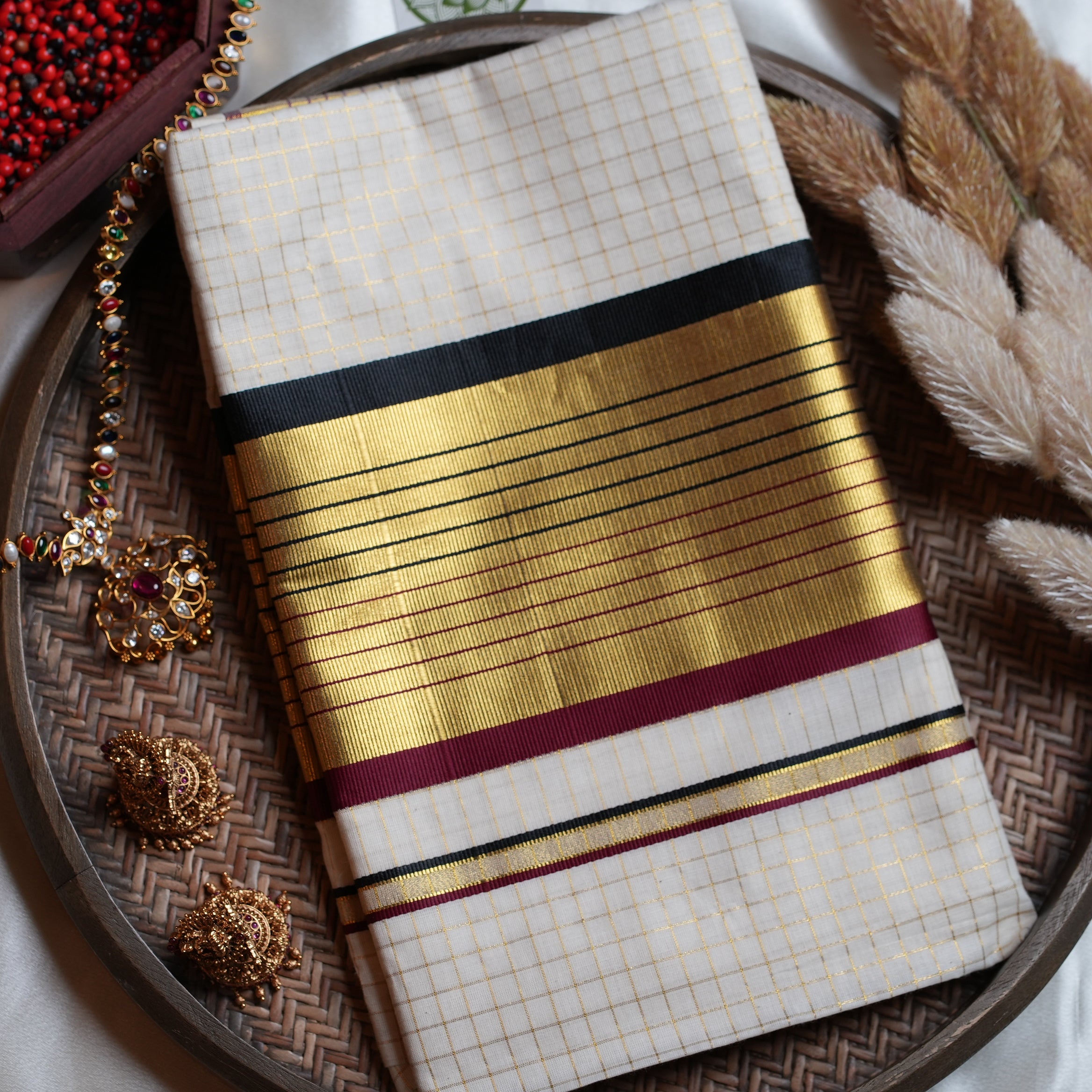 ✨ Golden Check Grid & Maroon-Black Border Cotton Kerala Saree 🖤