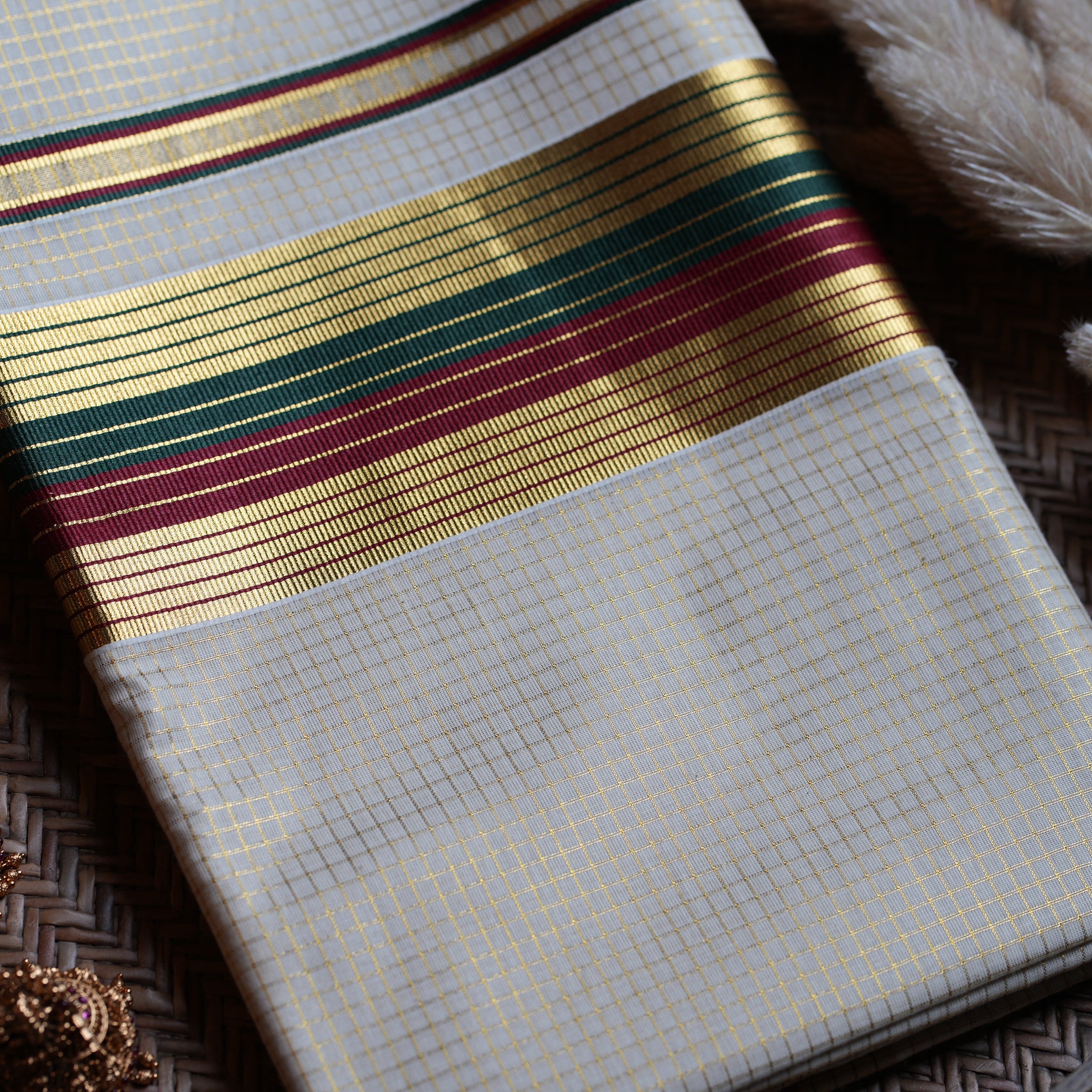 🌾 Classic Golden Check Forest Green & Crimson Cotton Kerala Saree with Running Blouse ✨