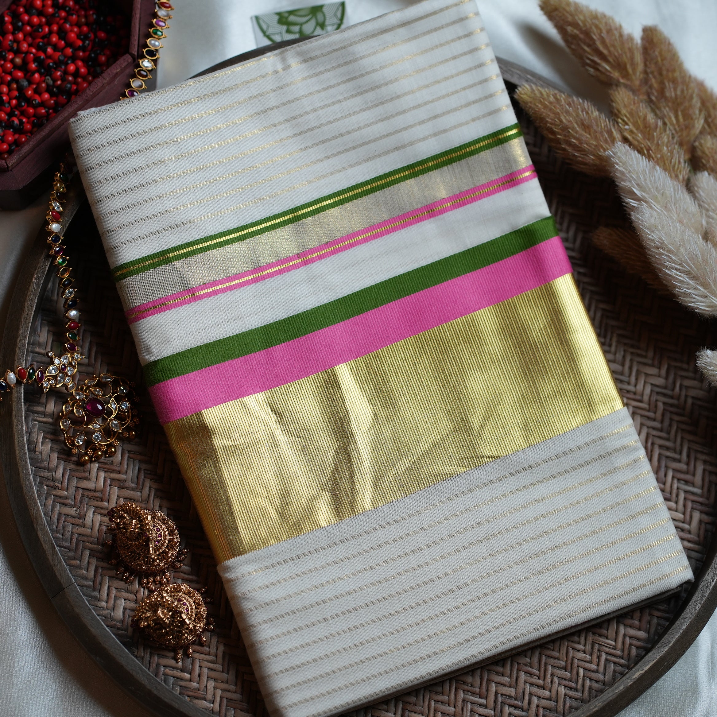 🌸 Classic Golden Stripe Leaf Green & Rose Pink Cotton Kerala Saree with Running Blouse ✨