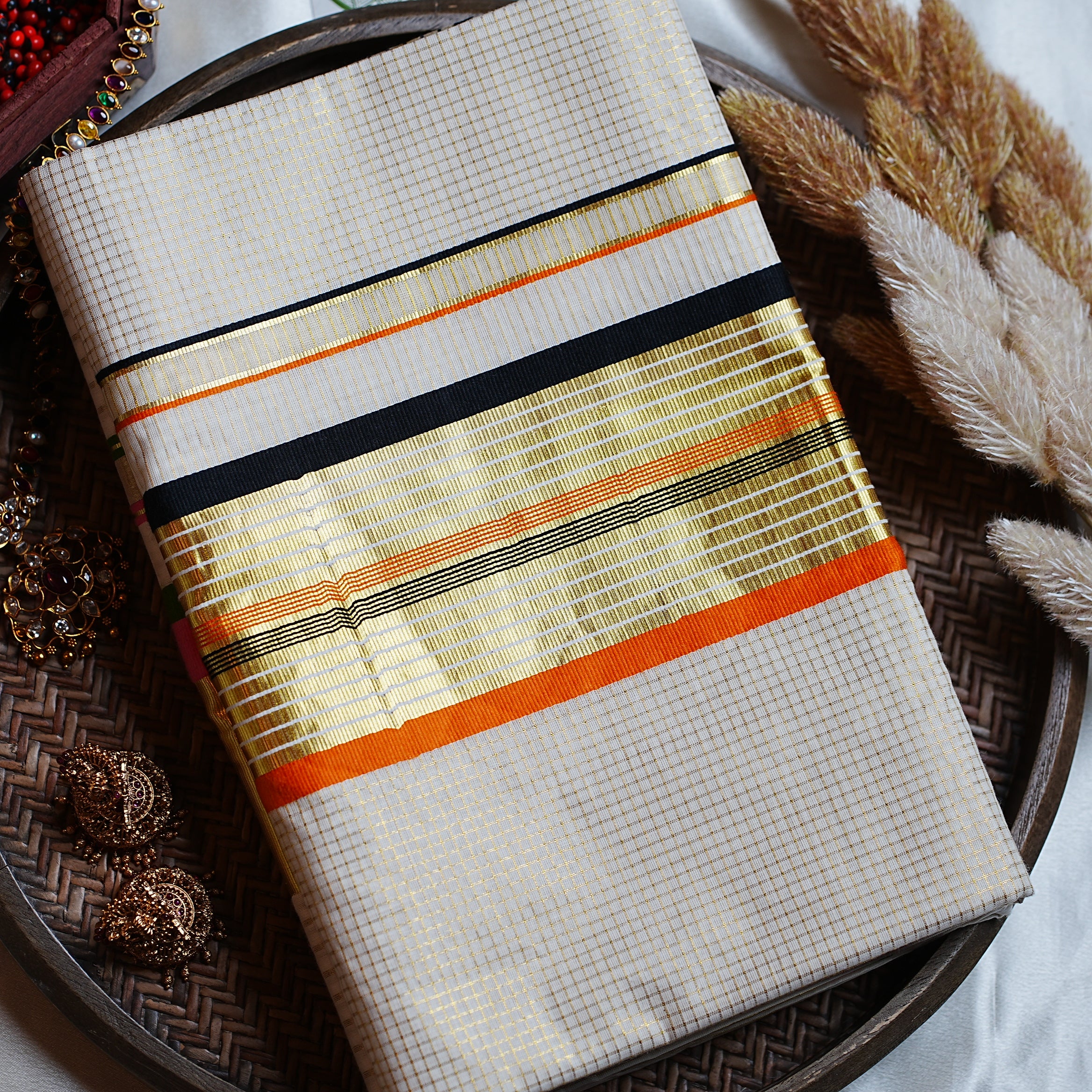 🍊 Classic Golden Check Burnt Orange & Jet Black Cotton Kerala Saree with Running Blouse ✨