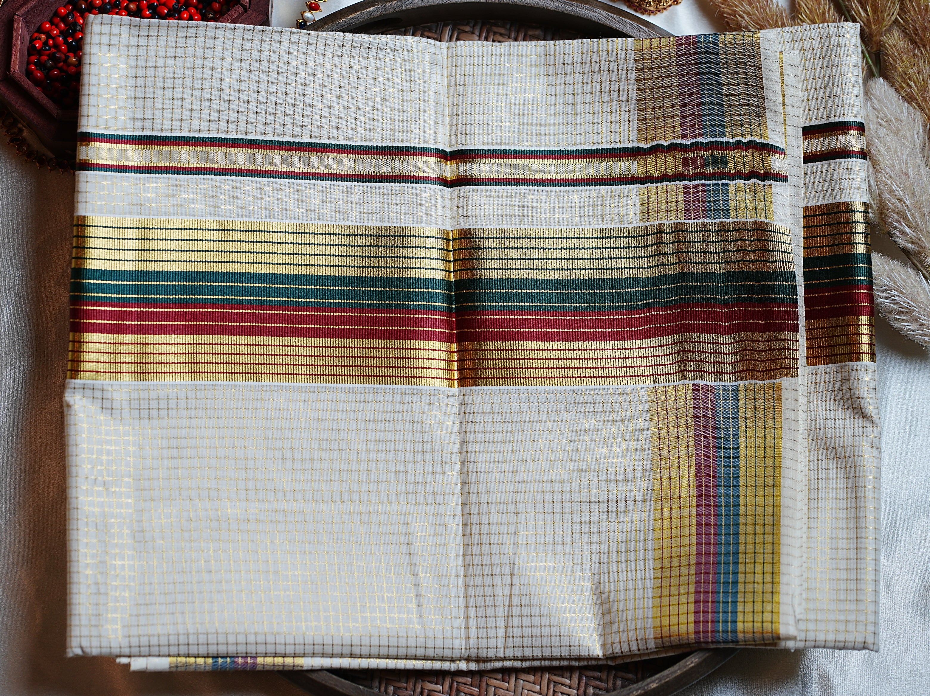 🌾 Classic Golden Check Forest Green & Crimson Cotton Kerala Saree with Running Blouse ✨