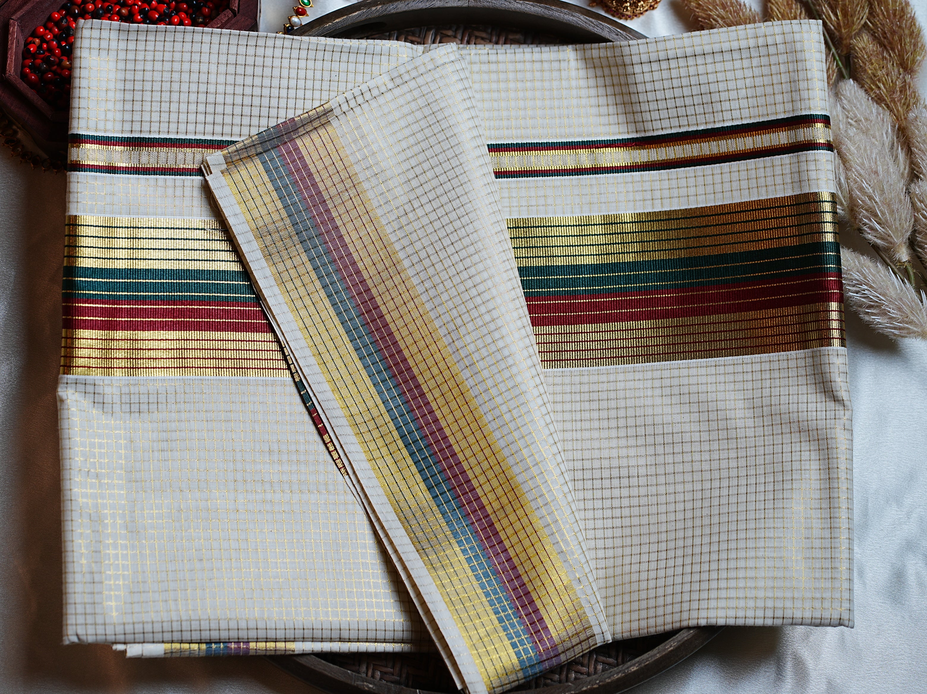 🌾 Classic Golden Check Forest Green & Crimson Cotton Kerala Saree with Running Blouse ✨