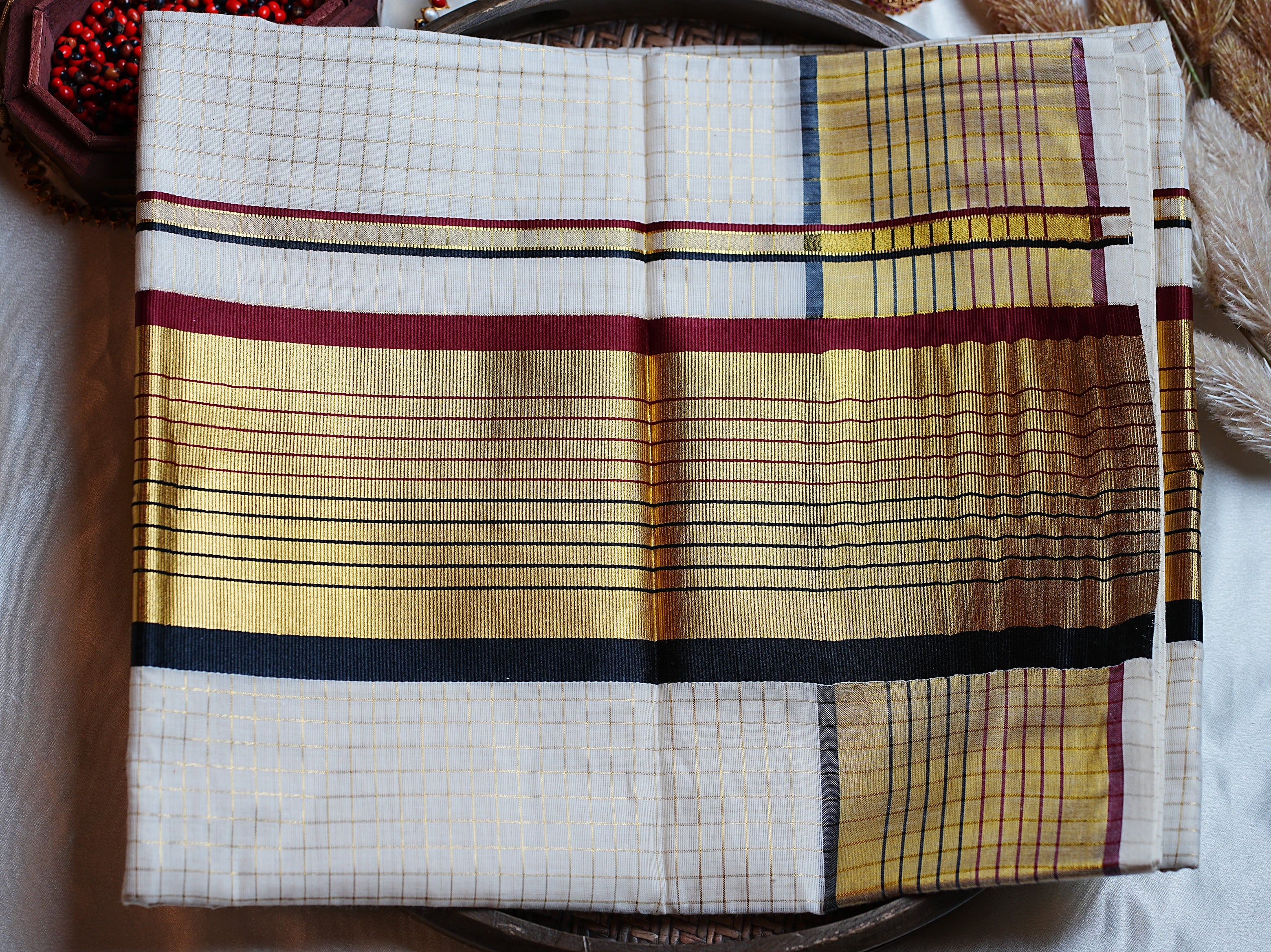 ✨ Golden Check Grid & Maroon-Black Border Cotton Kerala Saree 🖤