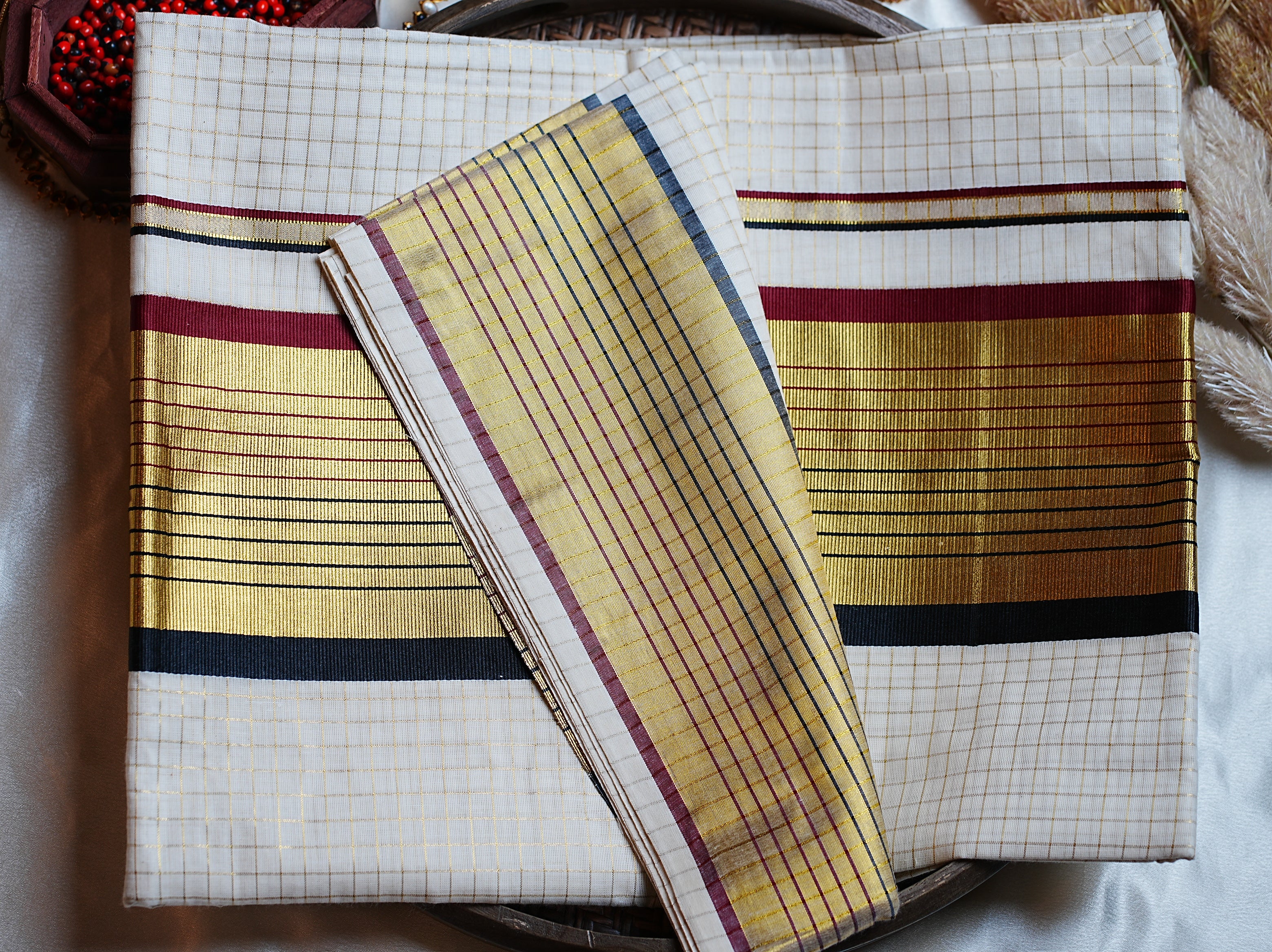 ✨ Golden Check Grid & Maroon-Black Border Cotton Kerala Saree 🖤