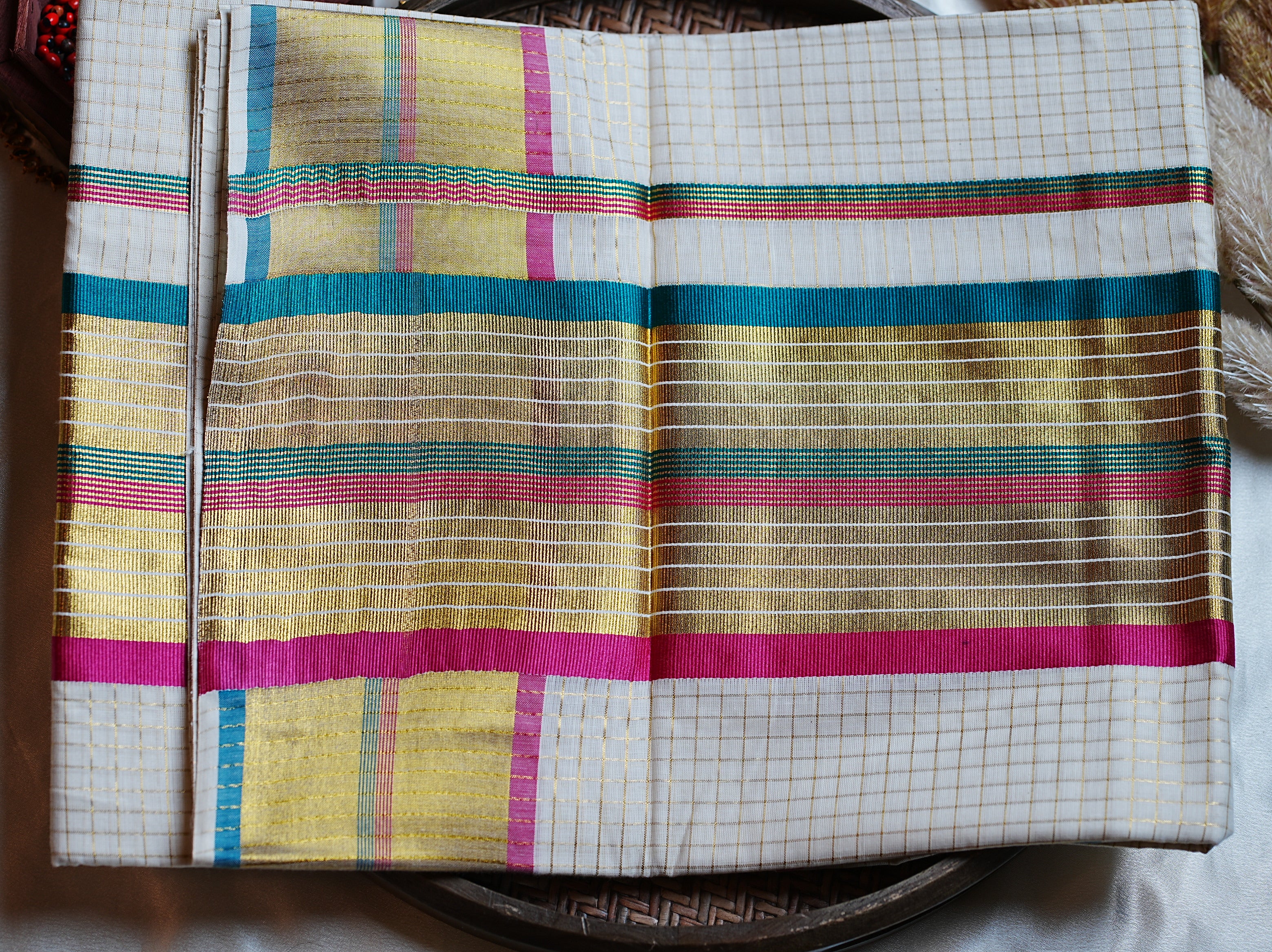 🦚 Classic Golden Check Teal & Magenta Cotton Kerala Saree with Running Blouse ✨