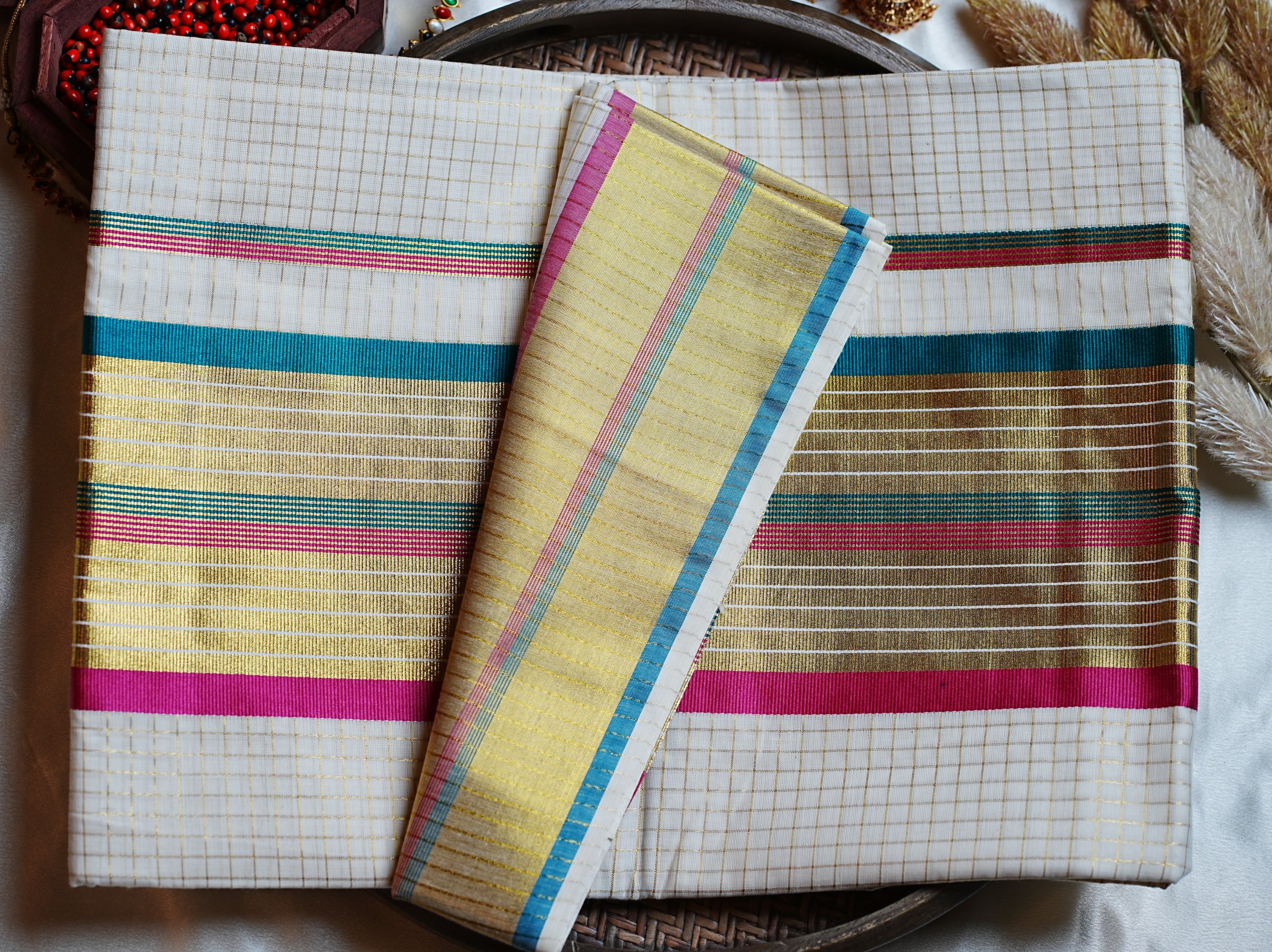 🦚 Classic Golden Check Teal & Magenta Cotton Kerala Saree with Running Blouse ✨