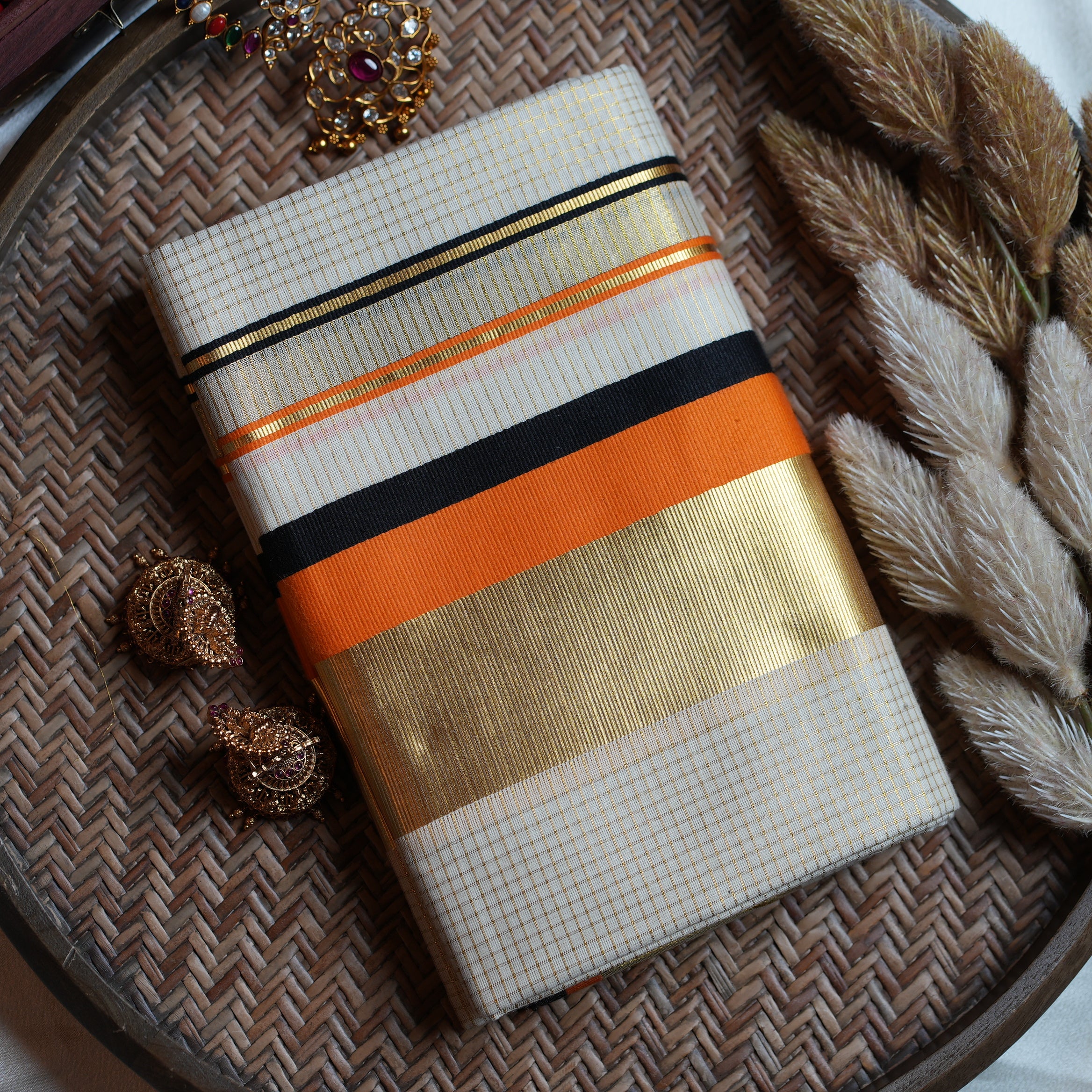 Premium Kerala Single Set Mundu with Vibrant Orange and Multi-Color Borders