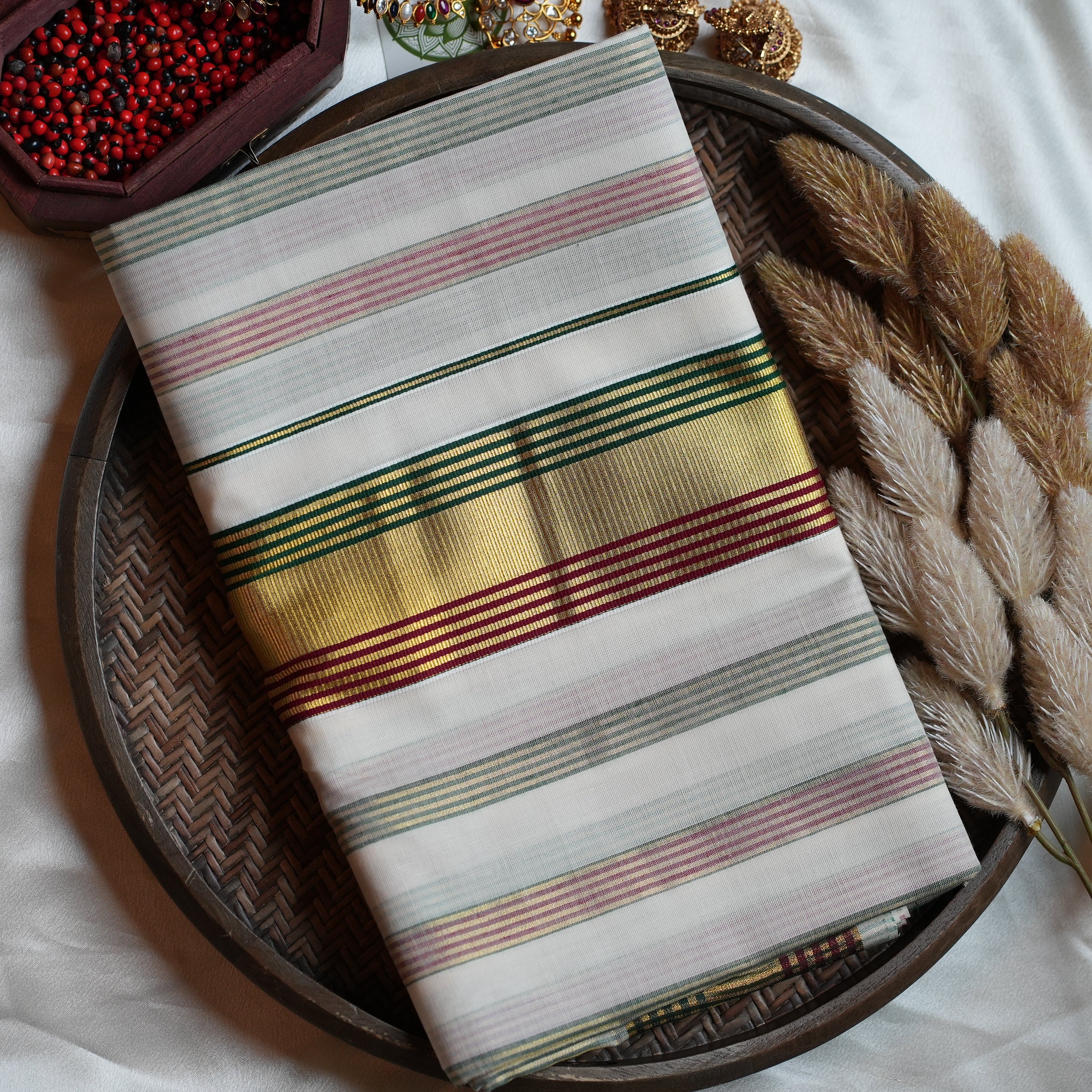 🎨 Multi-Stripe & Regal Kasavu Zari Cotton Kerala Saree ✨