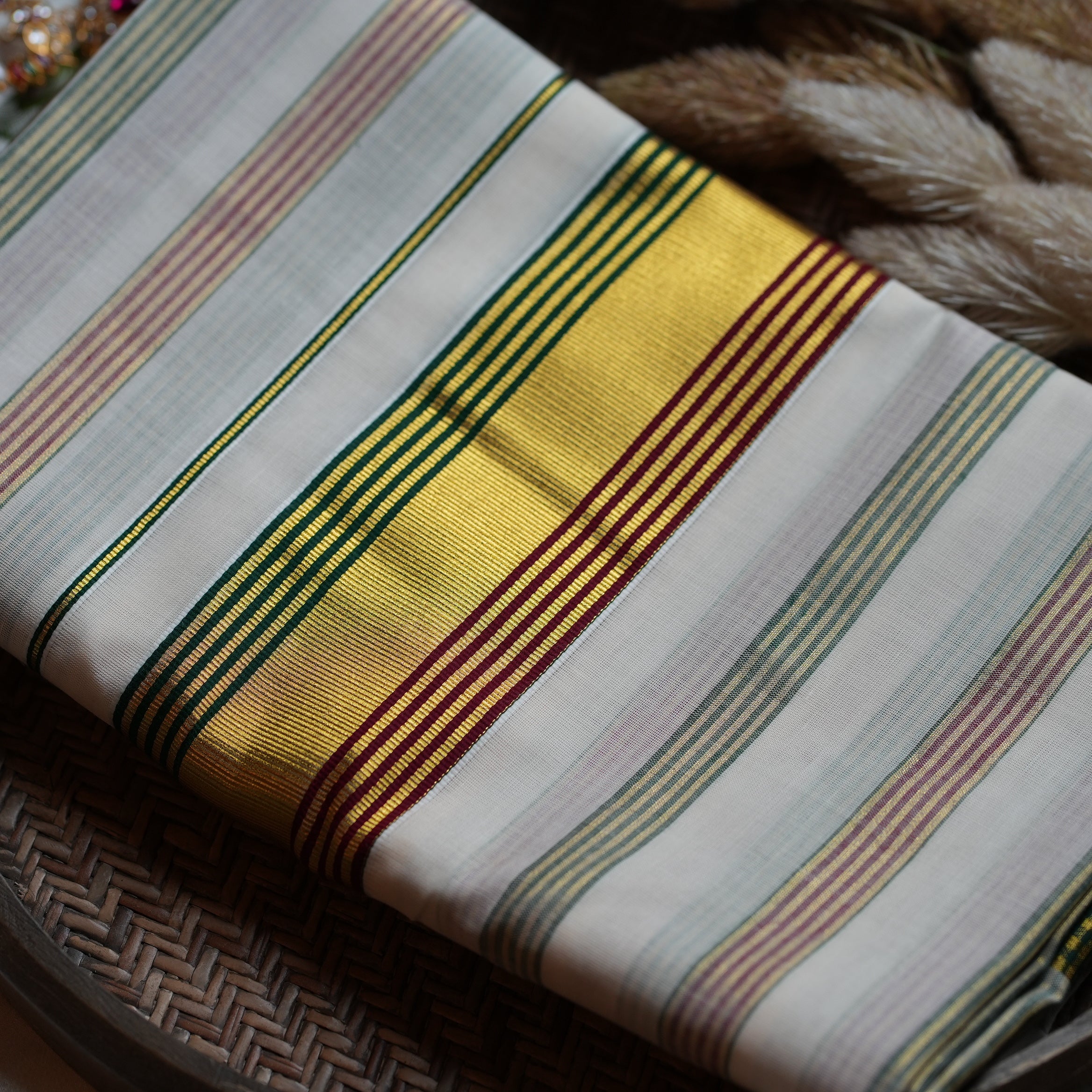 🎨 Multi-Stripe & Regal Kasavu Zari Cotton Kerala Saree ✨