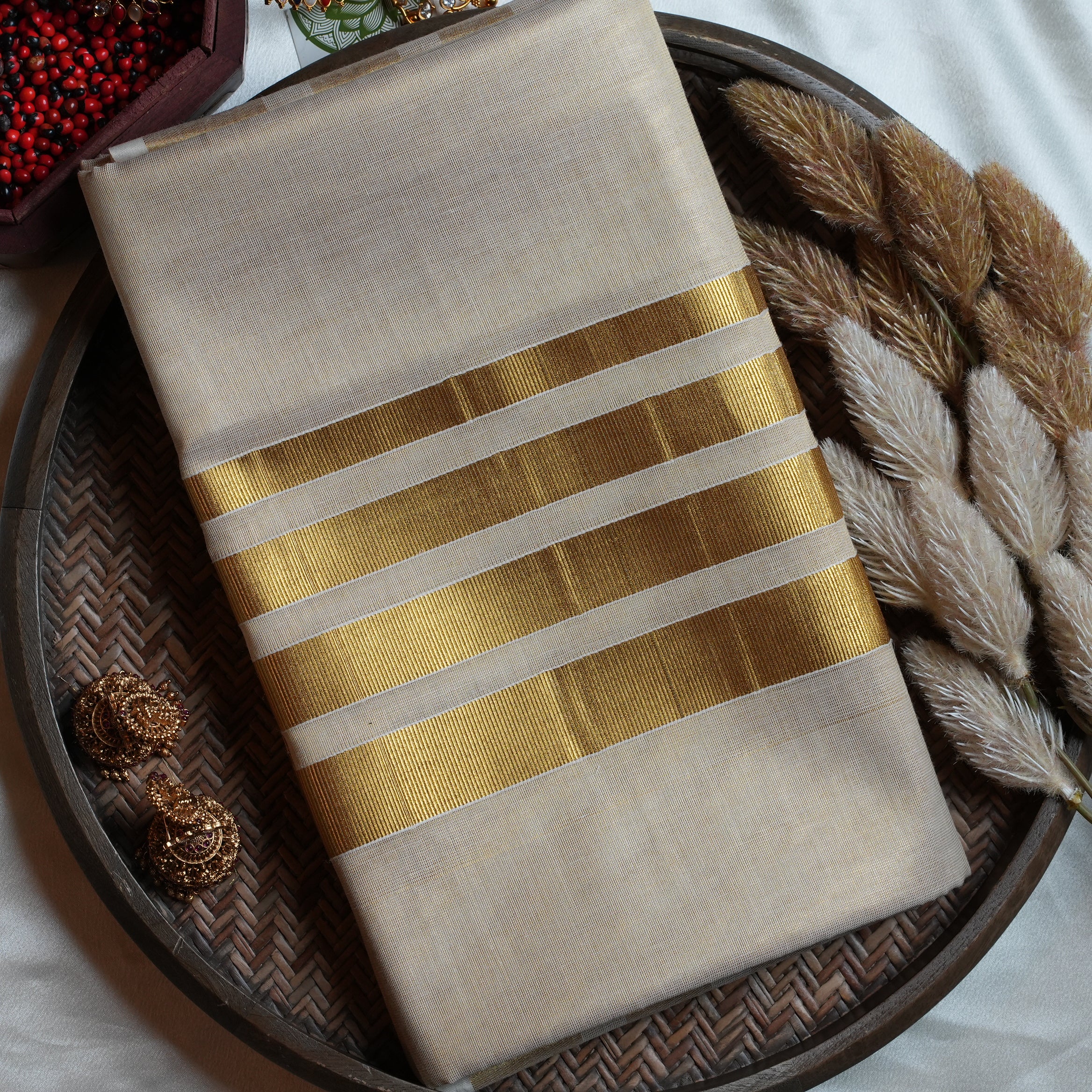 ✨ Metallic Gold Tissue Kerala Saree with Striped Kasavu Pallu & Border 🌟