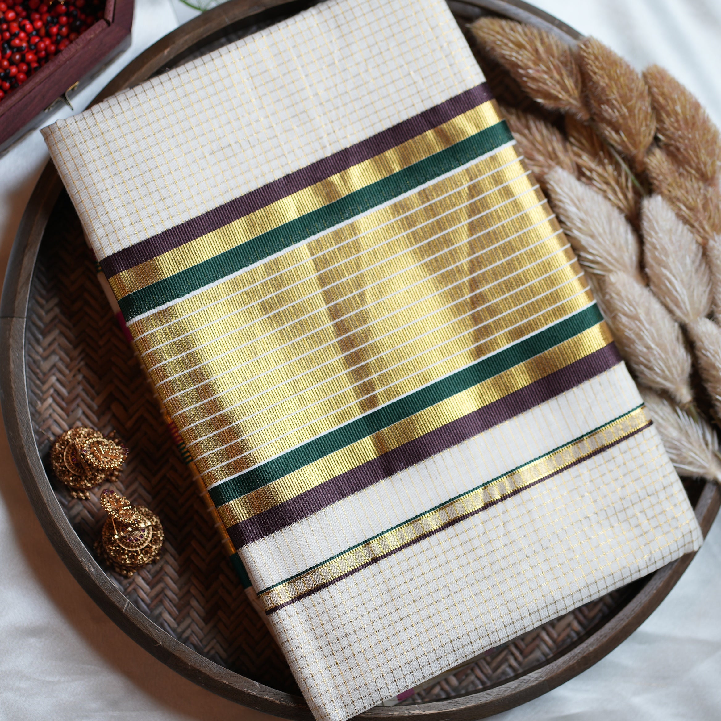 ✨ Cotton Kerala Saree with Gold Zari Checks, Forest Green & Chocolate Brown Borders 🌿