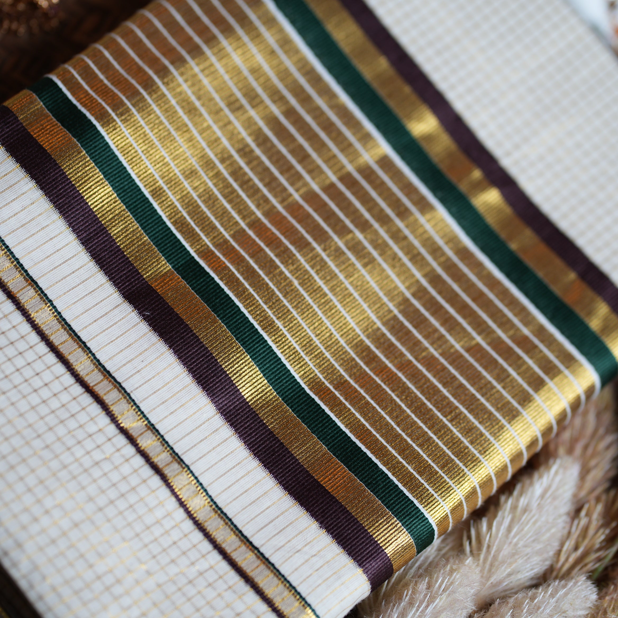 ✨ Cotton Kerala Saree with Gold Zari Checks, Forest Green & Chocolate Brown Borders 🌿