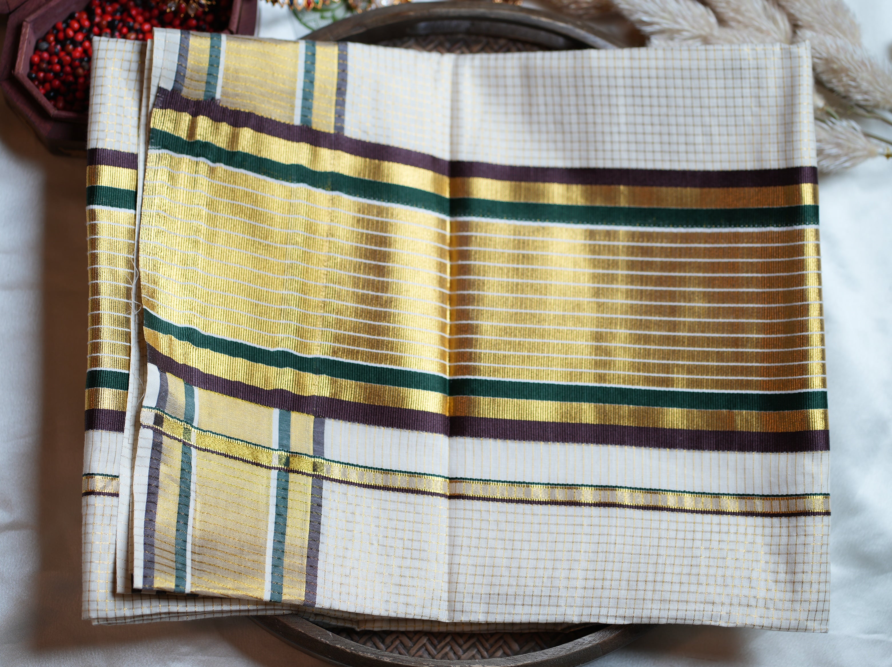 ✨ Cotton Kerala Saree with Gold Zari Checks, Forest Green & Chocolate Brown Borders 🌿