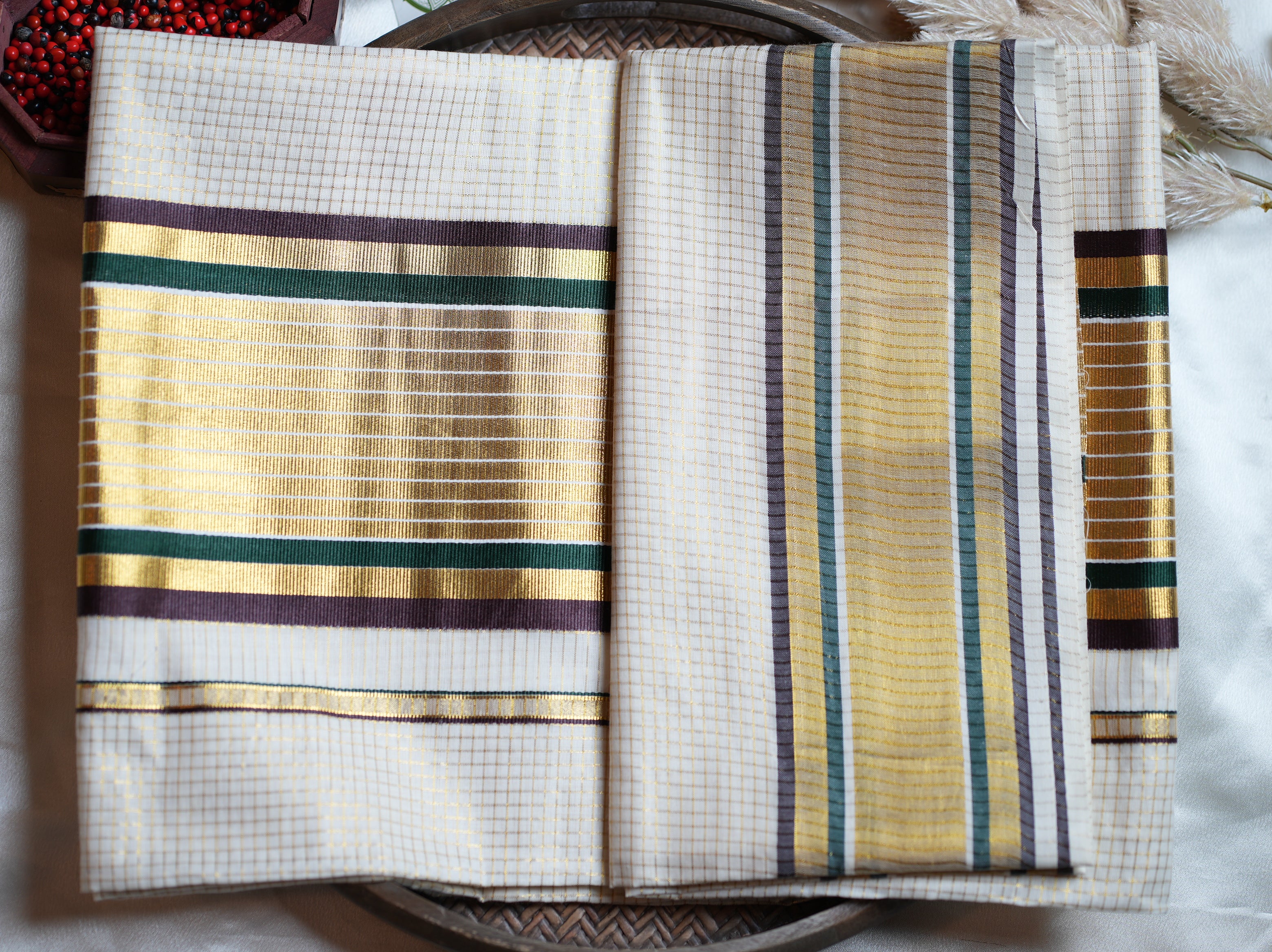 ✨ Cotton Kerala Saree with Gold Zari Checks, Forest Green & Chocolate Brown Borders 🌿