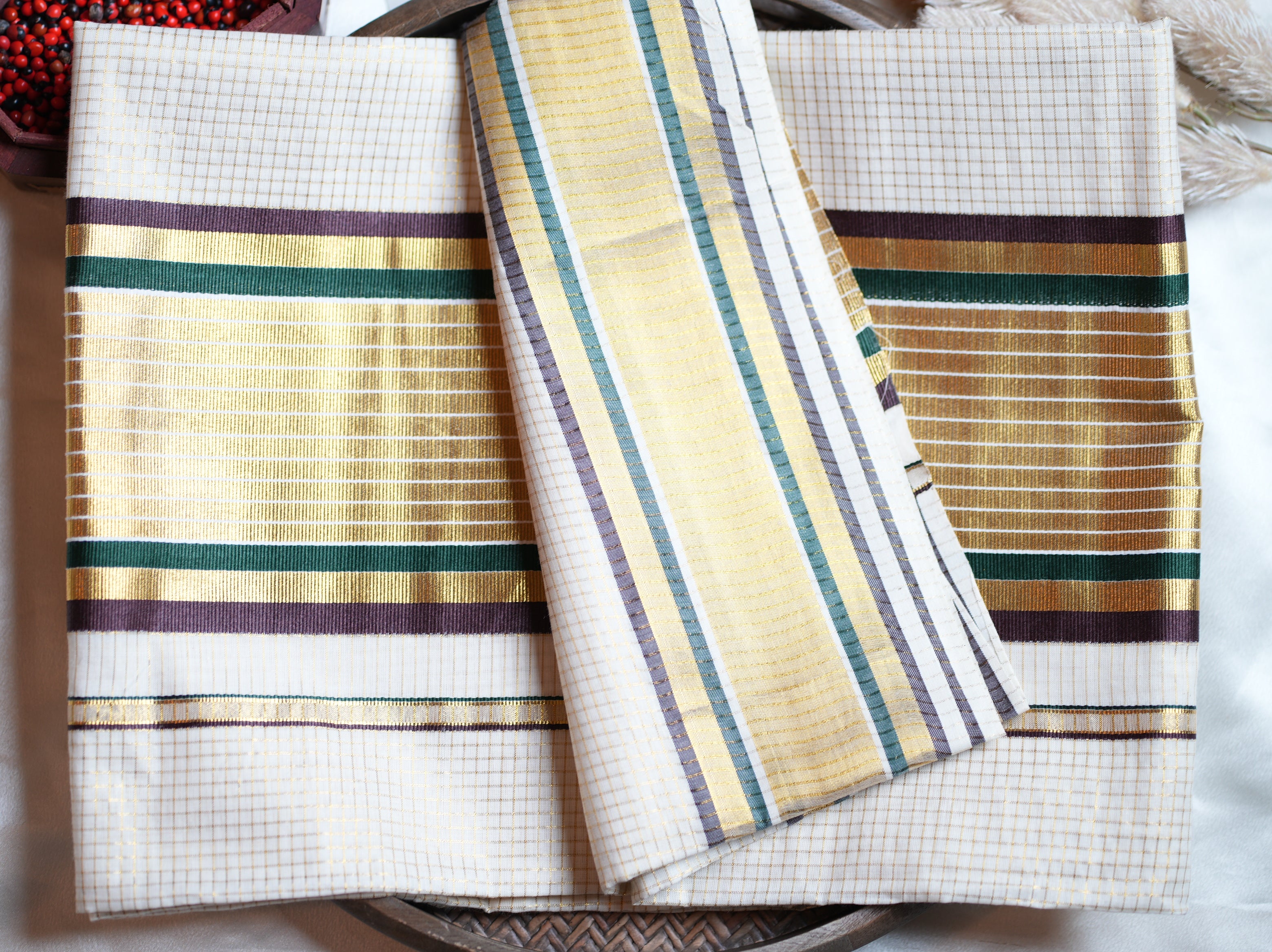 ✨ Cotton Kerala Saree with Gold Zari Checks, Forest Green & Chocolate Brown Borders 🌿