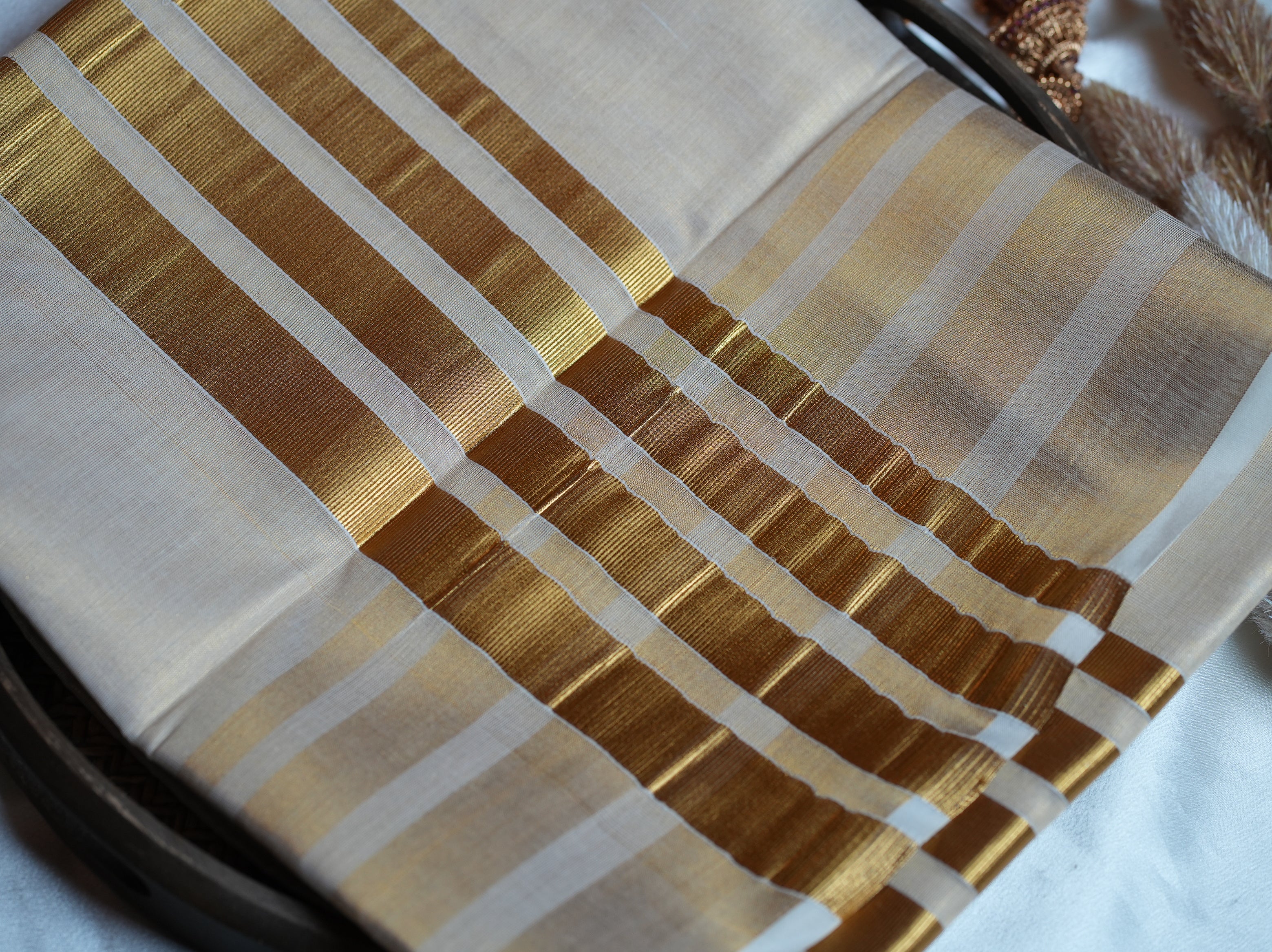 ✨ Metallic Gold Tissue Kerala Saree with Striped Kasavu Pallu & Border 🌟